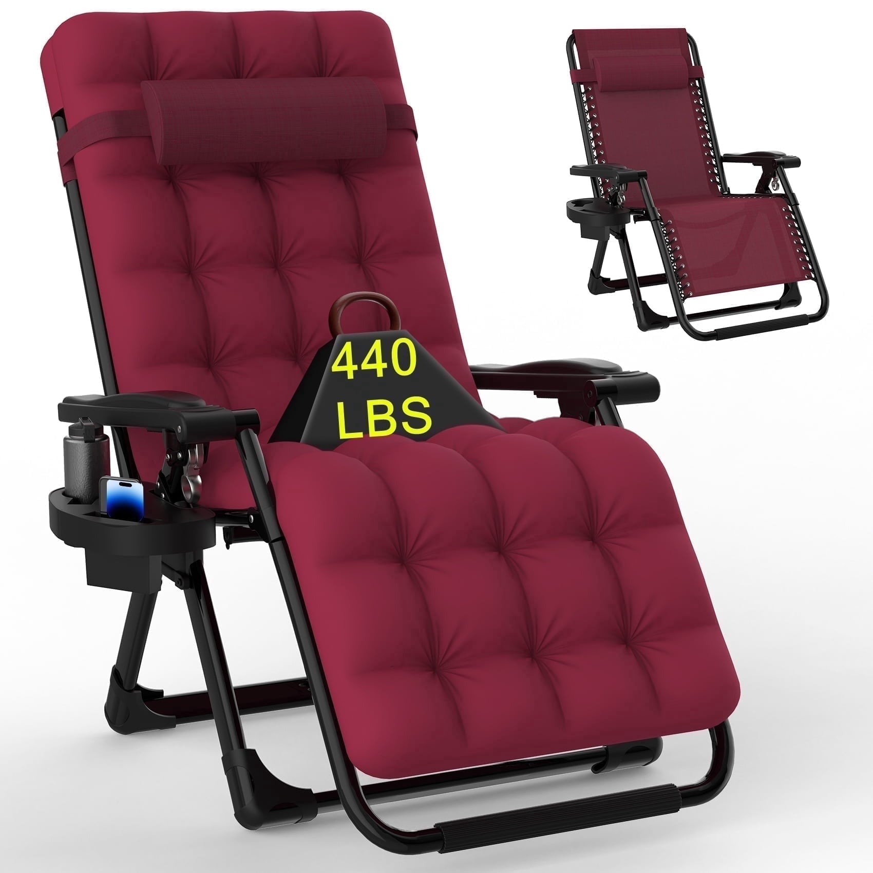 PNKKODW Zero Gravity Chair with Upgraded Alloy Steel Lock Removable Cushion Cup Holder, 440lbs Capcity Folding Patio Recline Lawn Chair for Indoor/Outdoor Use,Claret
