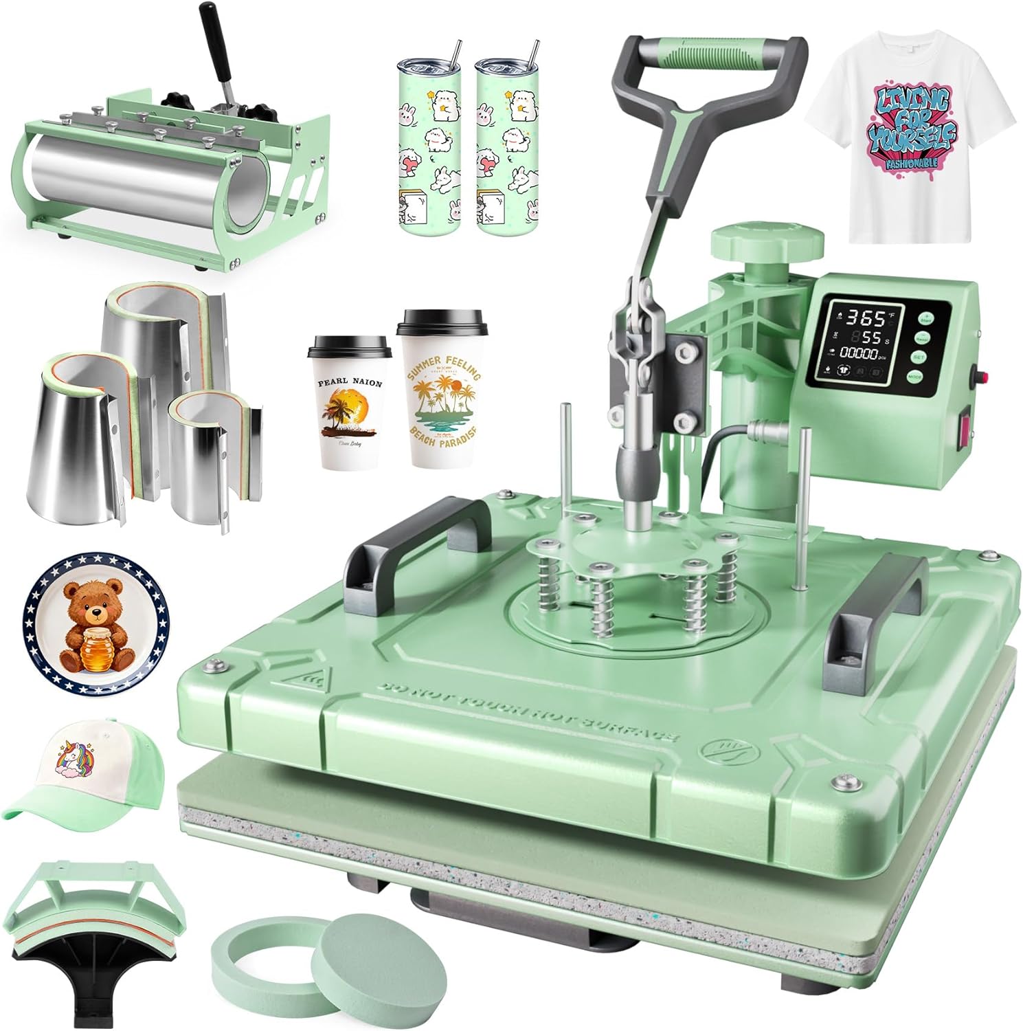 PNKKODW 15''x15'' Heat Press, 8-in-1 Digital T Shirt Press Machine Heat Transfer Sublimation with Teflon-Coated Heat Plate, 360° Swing Away, 30oz Tumbler Press for Mugs Hat Plate Cap, Green