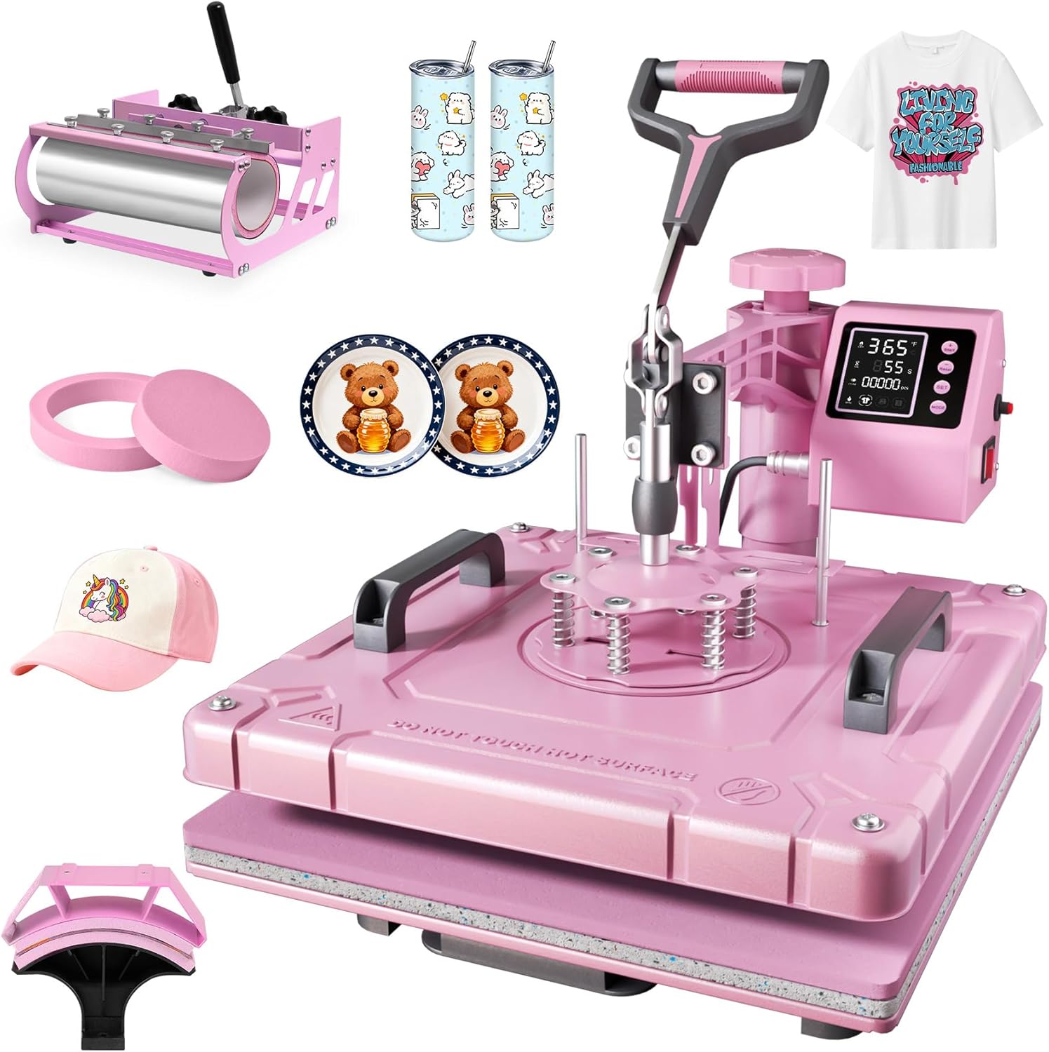 PNKKODW 15''x15'' Heat Press, 5-in-1 Digital Shirt Press Machine Heat Transfer Sublimation with 30oz Tumbler Press, Teflon-Coated Heat Plate, 360° Swing Away for Mugs Hat Plate Cap, Pink