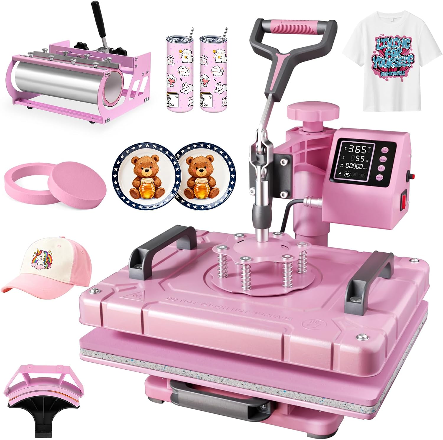 PNKKODW 12''x15'' Heat Press, 5-in-1 Digital Shirt Press Machine Heat Transfer Sublimation with 30oz Tumbler Press, Teflon-Coated Heat Plate, 360° Swing Away for Mugs Hat Plate Cap, Pink