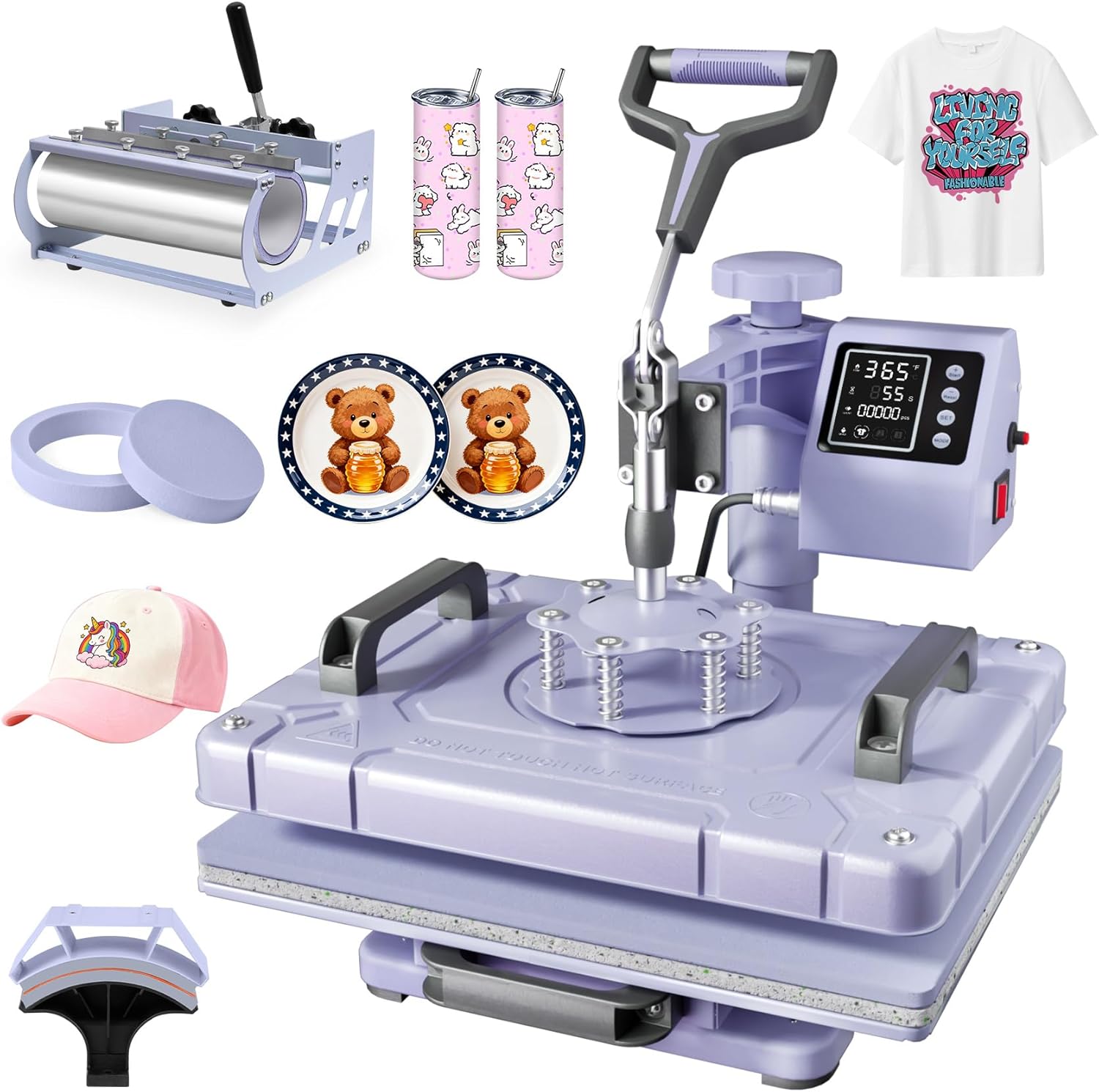 PNKKODW 12''x15'' Heat Press, 5-in-1 Digital Shirt Press Machine Heat Transfer Sublimation with 30oz Tumbler Press, Teflon-Coated Heat Plate, 360° Swing Away for Mugs Hat Plate Cap, Lavender