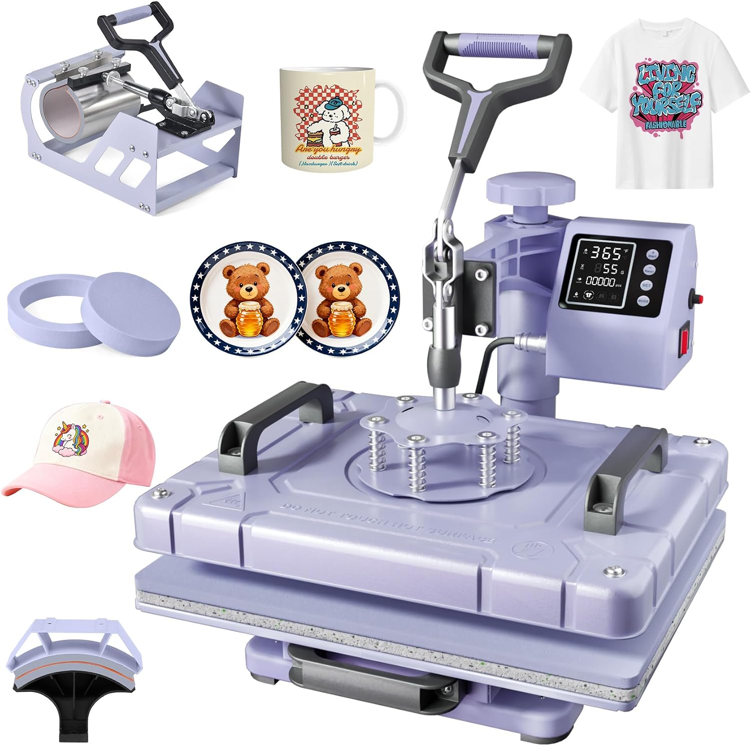 PNKKODW 12''x15'' Heat Press, 5-in-1 Digital Shirt Press Machine Heat Transfer Sublimation with 11oz Tumbler Press, Teflon-Coated Heat Plate, 360° Swing Away for Mugs Hat Plate Cap DIY, Lavender