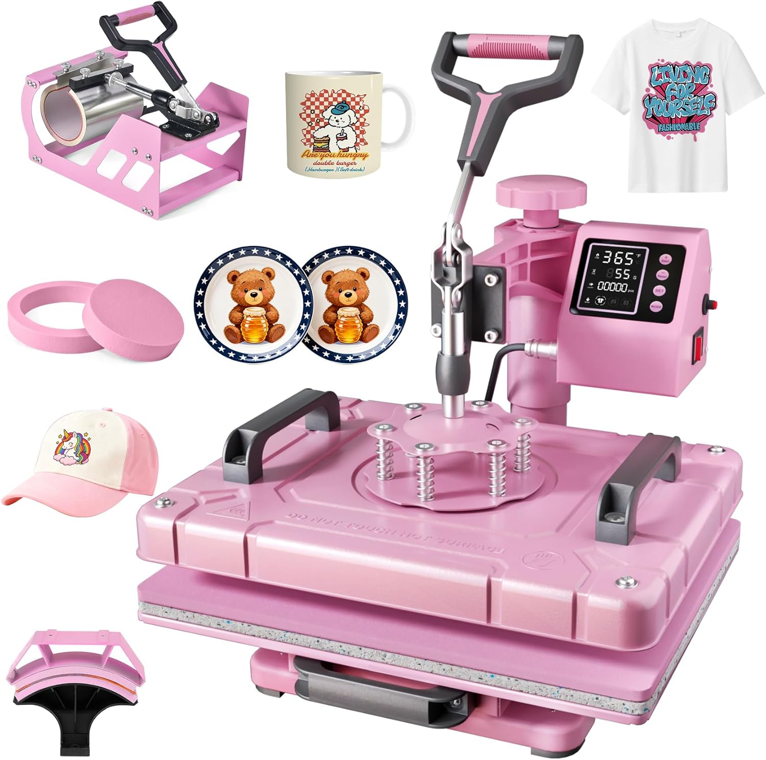 PNKKODW 12''x15'' Heat Press, 5-in-1 Digital Shirt Press Machine Heat Transfer Sublimation with 11oz Tumbler Press, Teflon-Coated Heat Plate, 360° Swing Away for Mugs Hat Plate Cap DIY, Pink