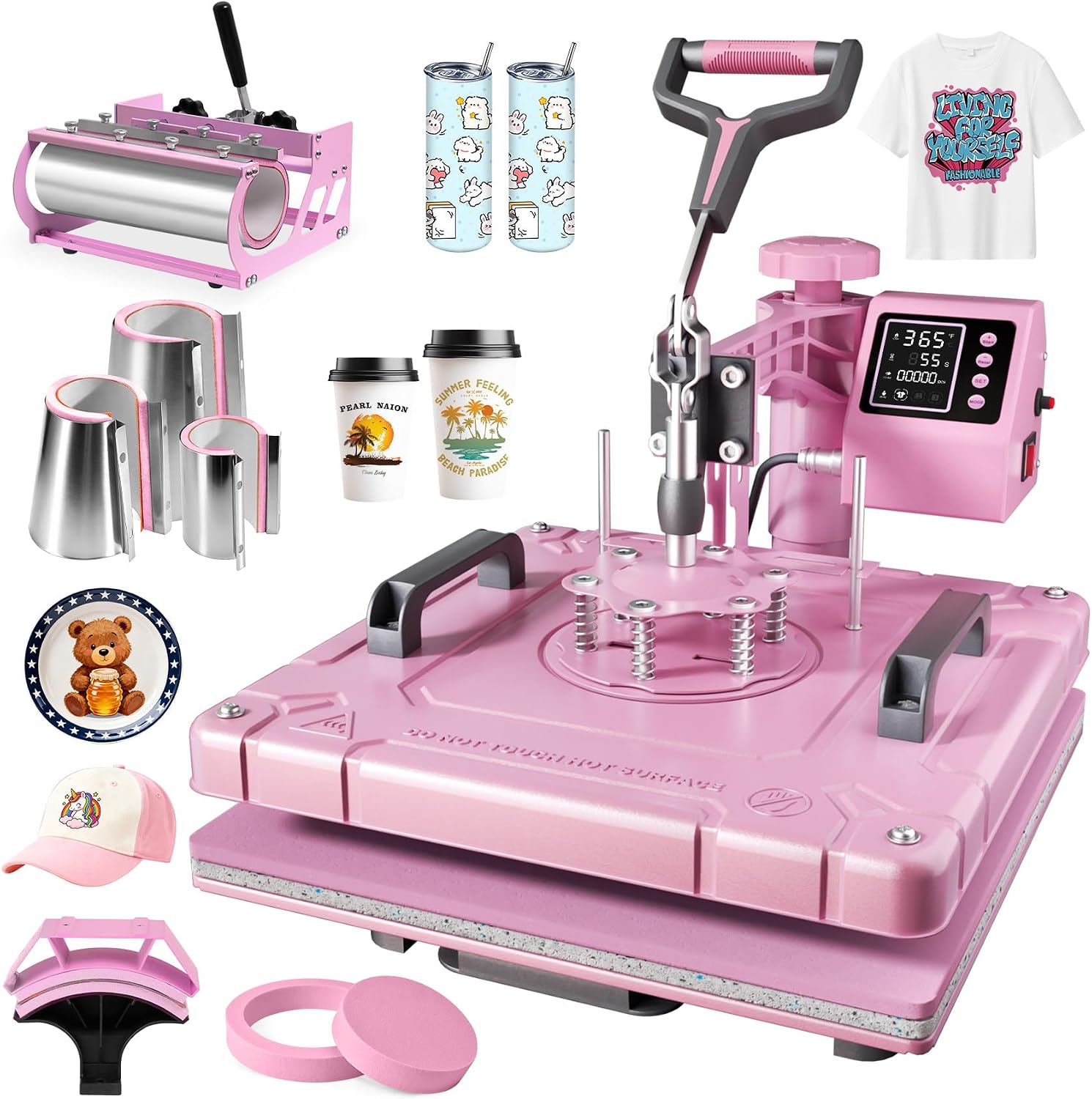 PNKKODW 15''x15'' Heat Press, 8-in-1 Digital Shirt Press Machine Heat Transfer Sublimation with 30oz Tumbler Press, Teflon-Coated Heat Plate, 360° Swing Away for Mugs Hat Plate Cap, Pink