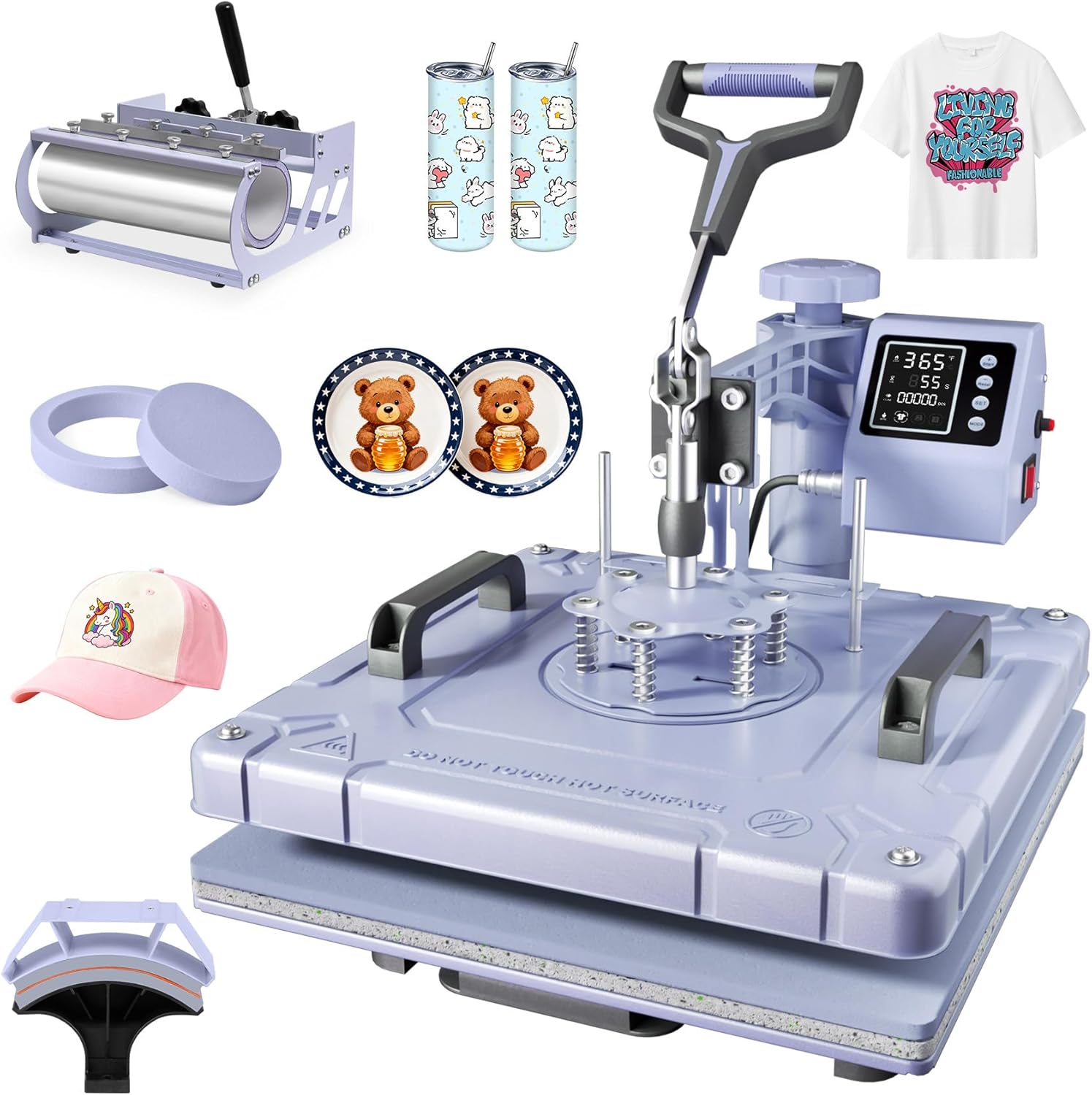 PNKKODW 15''x15'' Heat Press, 8-in-1 Digital Shirt Press Machine Heat Transfer Sublimation with 30oz Tumbler Press, Teflon-Coated Heat Plate, 360° Swing Away for Mugs Hat Plate Cap, Lavender
