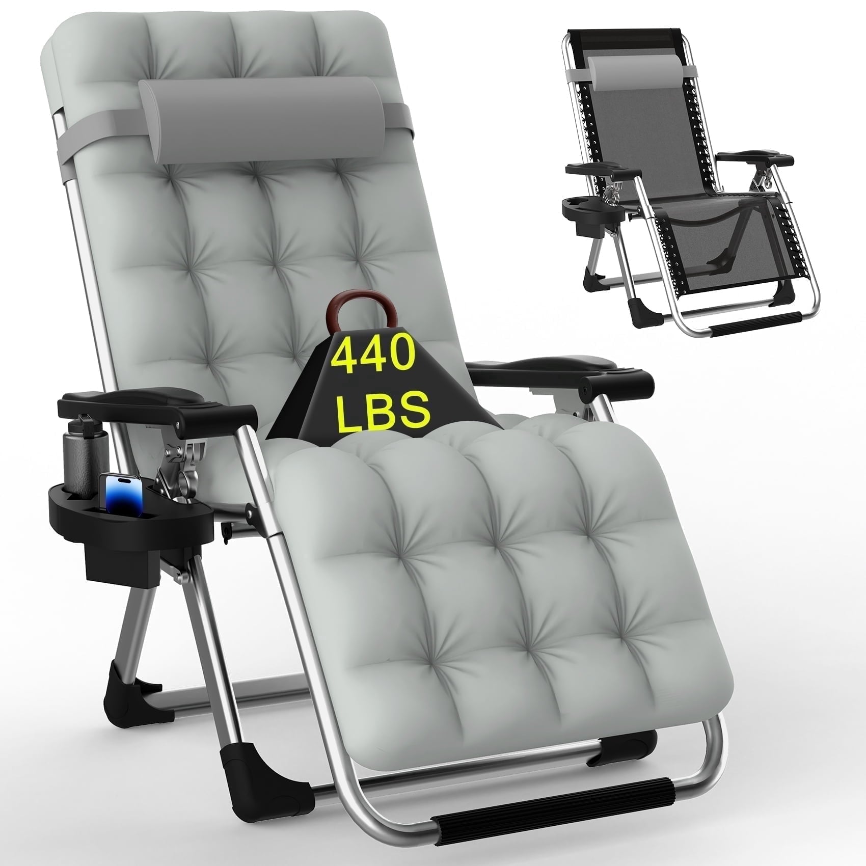 PNKKODW Zero Gravity Chair with Upgraded Alloy Steel Lock Removable Cushion Cup Holder, 440lbs Capcity Folding Patio Recline Lawn Chair for Indoor/Outdoor Use, Gray