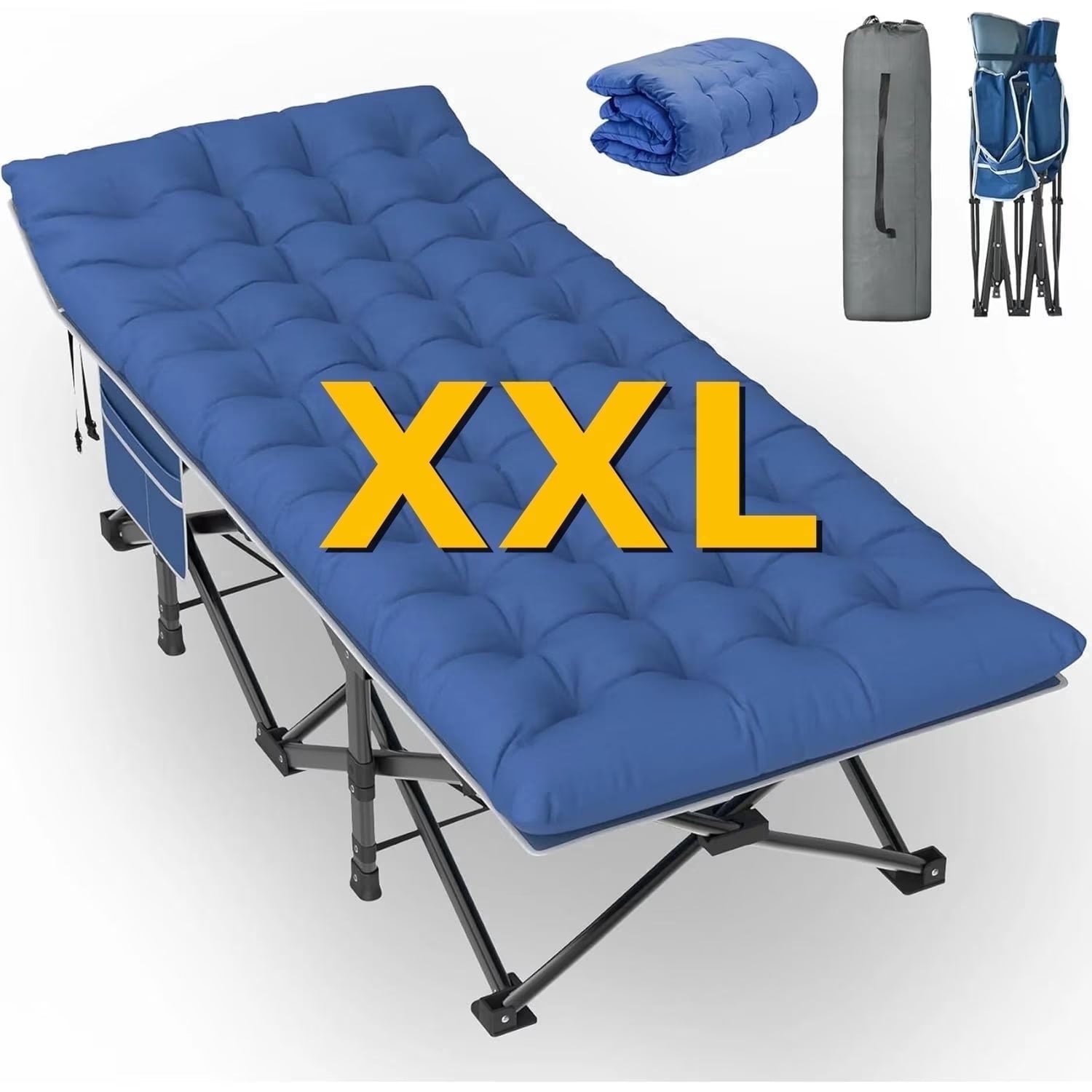 PNKKODW 32" XXL Folding Camping Cot for Adults, Max Load 900lbs Portable Camping Sleeping Cot Bed with Mattress & Carry Bag for Office Home Nap Outdoor Camping Travel, Gray Cot Blue Gray Pad