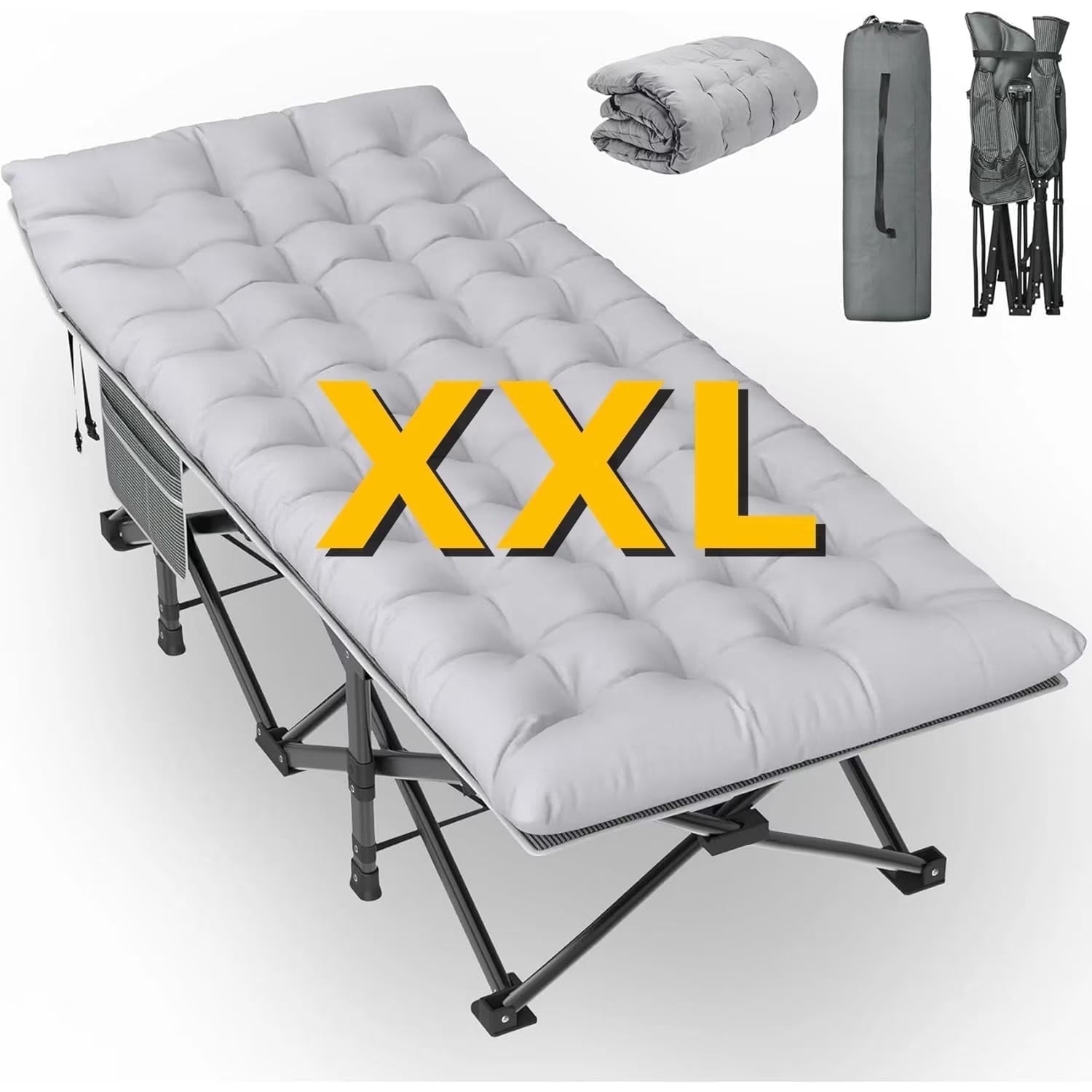 PNKKODW 32" XXL Folding Camping Cot for Adults, Max Load 900lbs Portable Camping Sleeping Cot Bed with Mattress & Carry Bag for Office Home Nap Outdoor Camping Travel, Stripe Grey Cot Grey Pad