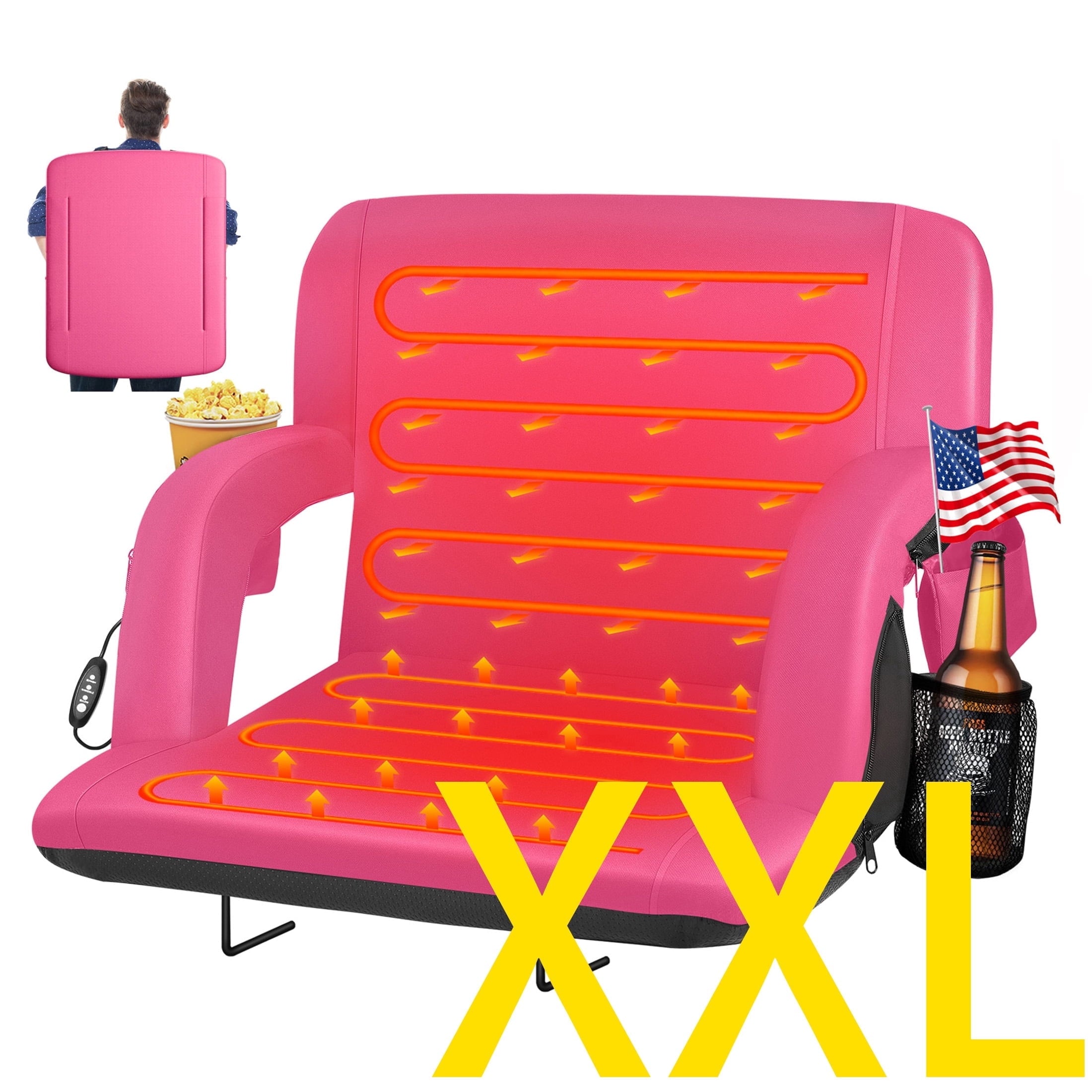 PNKKODW 25" Dual-Side Foldable Heated Stadium Seats with Back Support, Portable Stadium Chair for Bleachers, USB 3 Levels of Heat, for Outdoor Camping Winter Sports,Pink(No Battery)