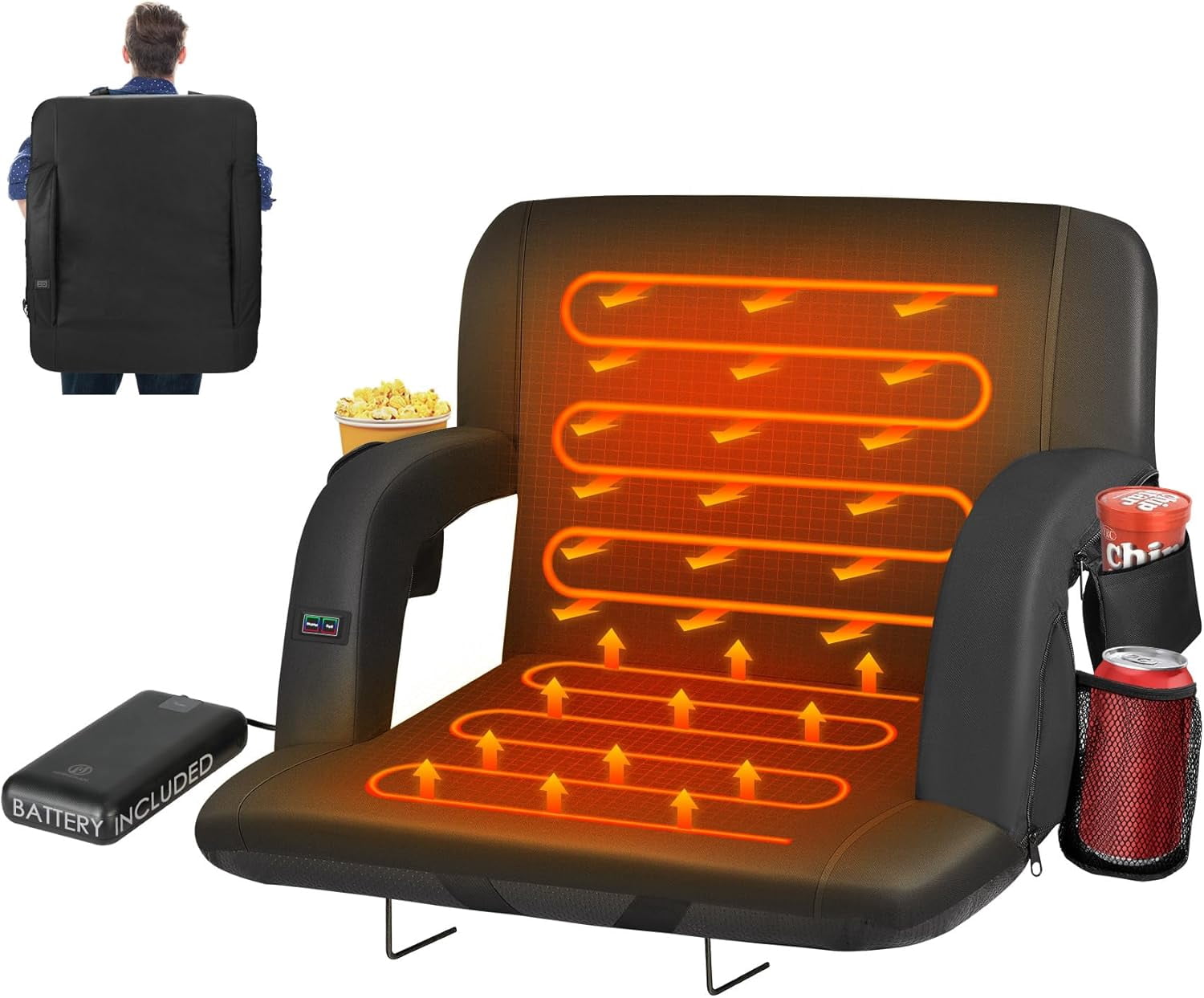 PNKKODW 21" Dual-Sided Heated Stadium Seats for Bleachers with Back Support, 3 Levels Heating Stadium Bleachers Seat with Backrest, Portable Stadium Chair (20000mAh Power Bank)