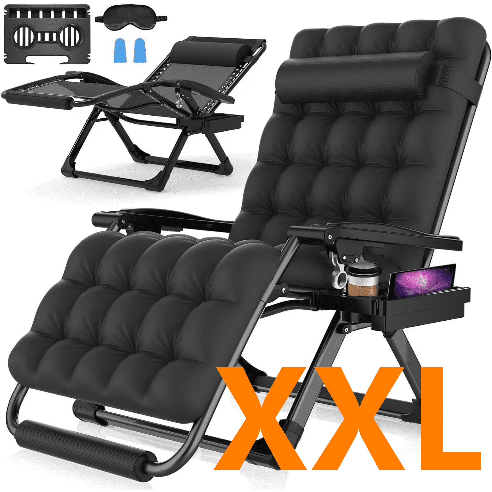 PNKKODW 33" XXL Zero Gravity Chair, Reclining Lounge with Removable Cushion & Headrest, Upgraded Lock, Footrest, for Indoor/Outdoor, Black
