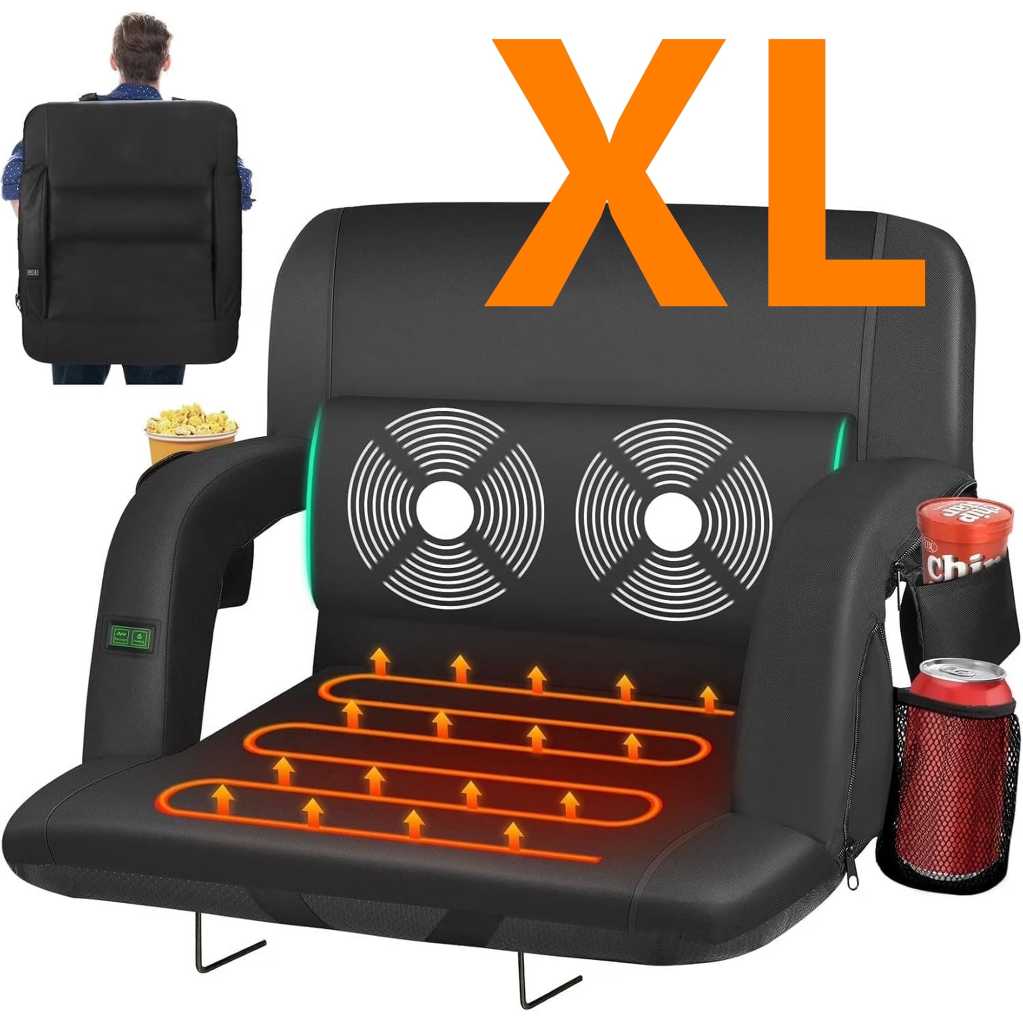 PNKKODW 23" Heated Massage Stadium Seats for Bleachers with Back Support, Portable Stadium Chair with 6 Reclining Positions, Armrest, for Outdoor£¨NO BATTERY)
