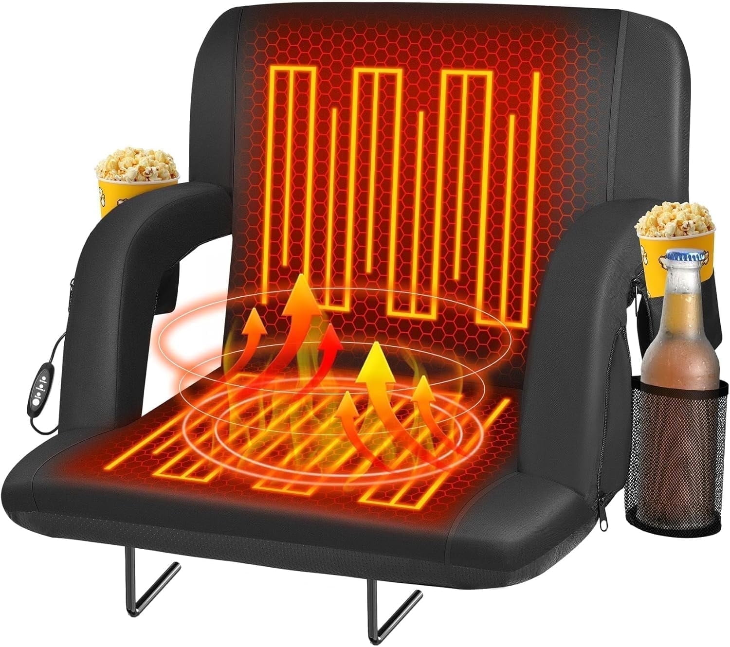 PNKKODW 25" Heated Stadium Seats for Bleachers w/ Back Support, Extra Portable Bleacher Seat Foldable Stadium Chair, USB 3 Levels of Heat, 5 Pockets for Outdoor Camping Games Sports(No Battery)
