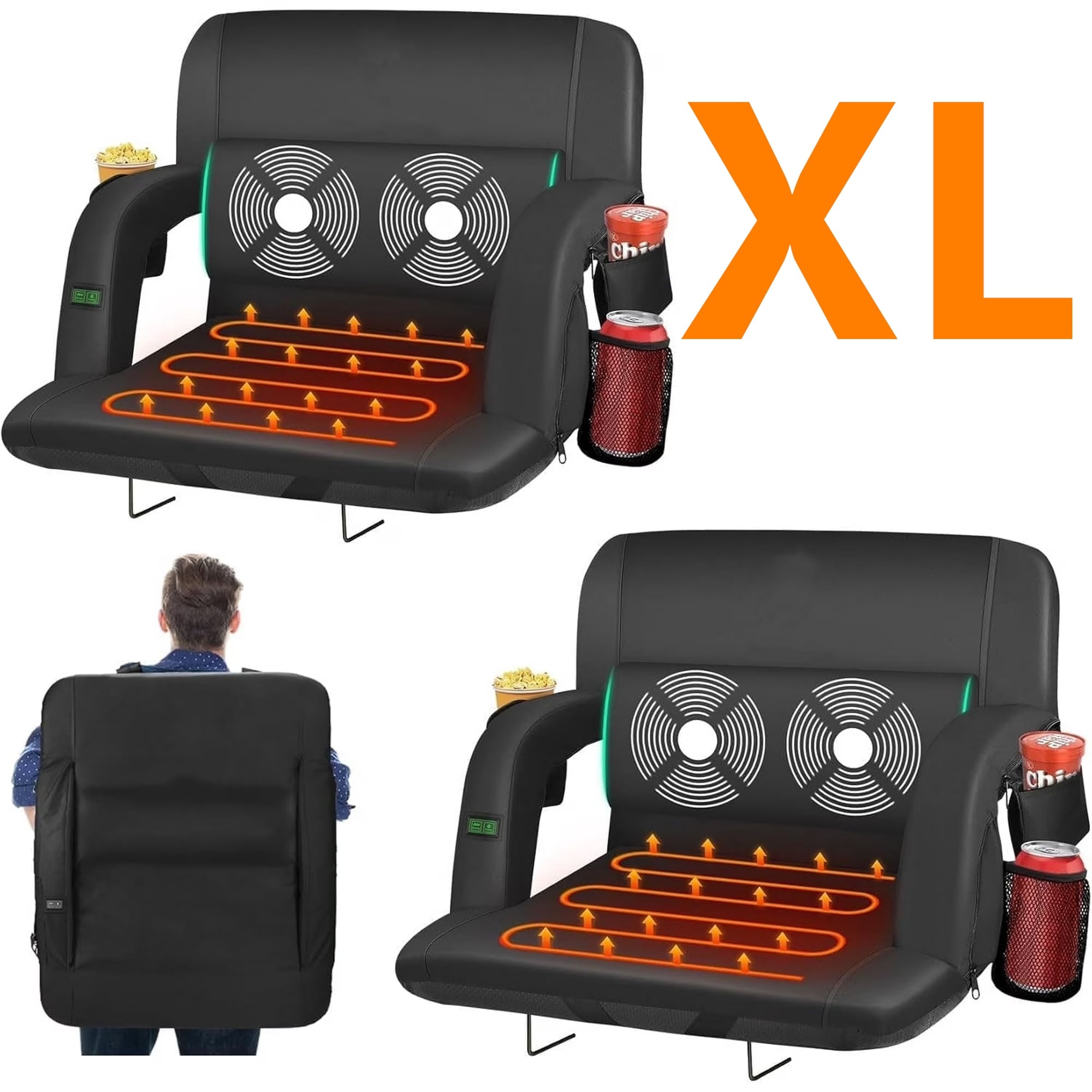 PNKKODW 2PCS 23" Heated Massage Stadium Seats for Bleachers with Back Support, Portable Stadium Chair with 6 Reclining Positions, Armrest, for Outdoor£¨NO BATTERY)