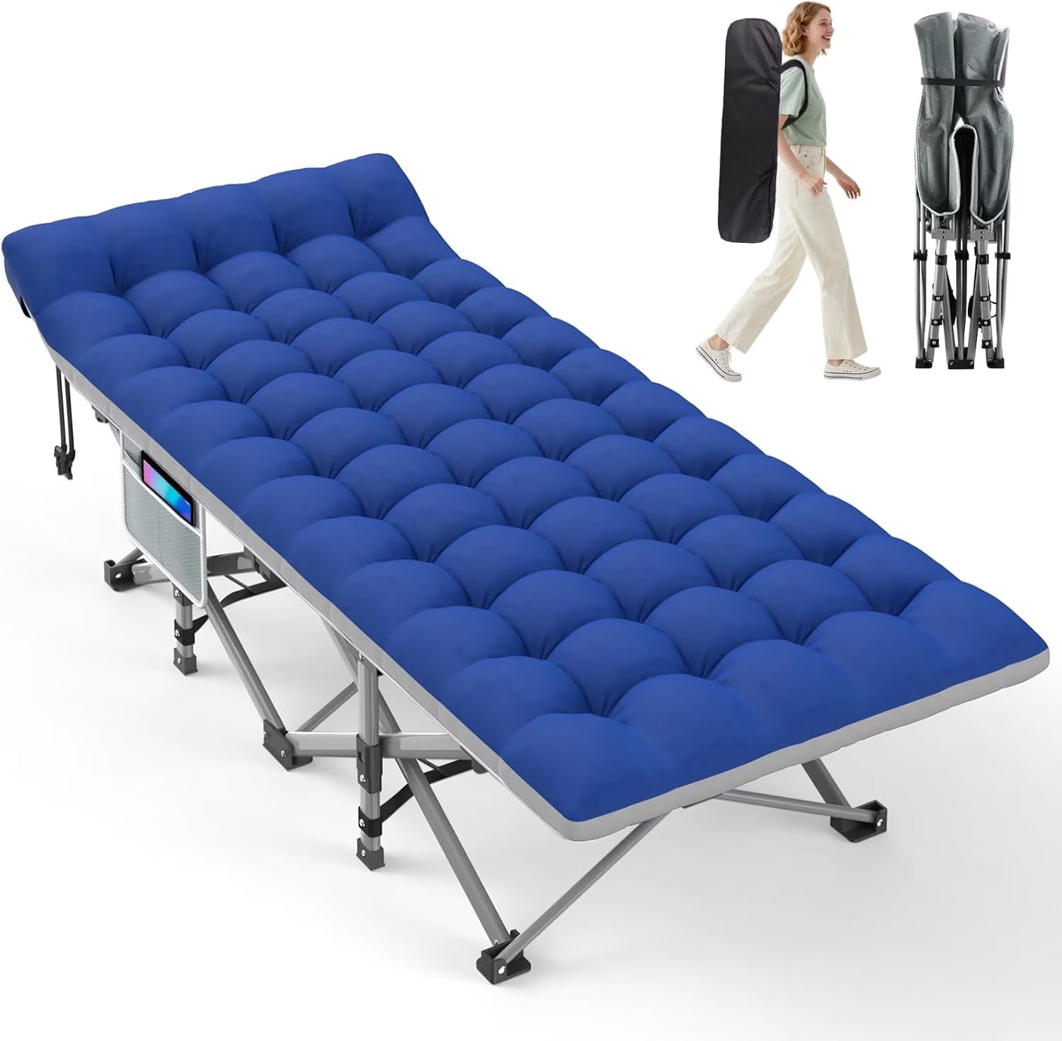 PNKKODW 28" XL Folding Camping Cot for Adults, Max Load 500lbs Portable Camping Sleeping Cot Bed with Mattress & Carry Bag for Office Home Nap Outdoor Camping Travel, Gray Cot Black Gray Pad