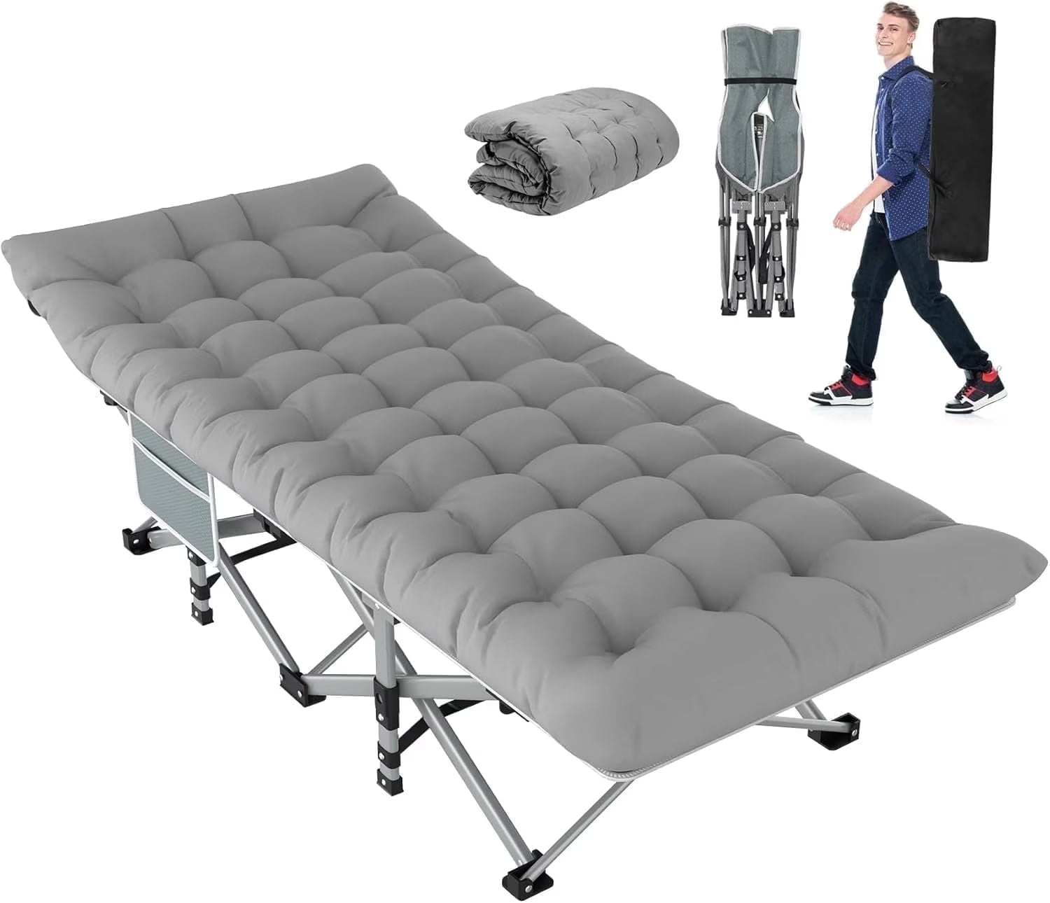 PNKKODW 28" XL Folding Camping Cot for Adults, Max Load 500lbs Portable Camping Sleeping Cot Bed with Mattress & Carry Bag for Office Home Nap Outdoor Camping Travel, Gray Cot Gray Pad