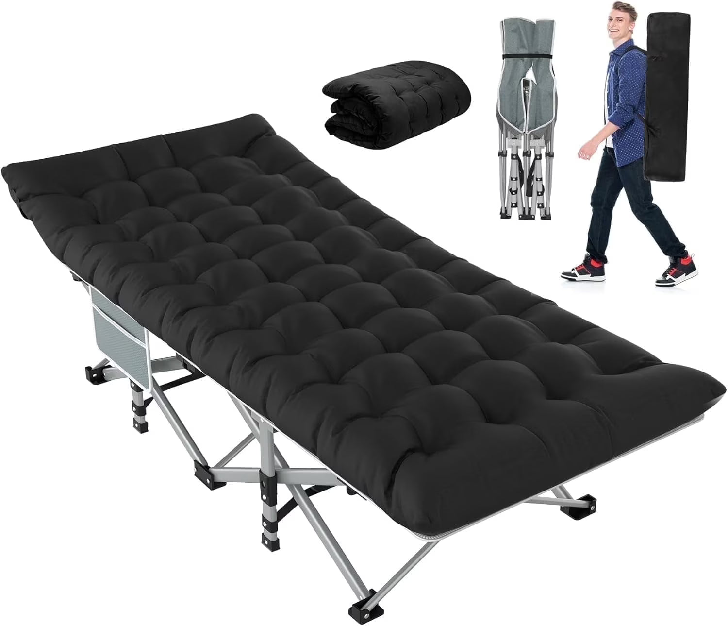 PNKKODW 28" XL Folding Camping Cot for Adults, Max Load 500lbs Portable Camping Sleeping Cot Bed with Mattress & Carry Bag for Office Home Nap Outdoor Camping Travel, Gray Cot Black Pad