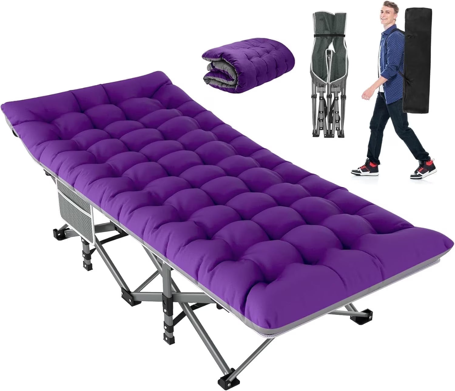 PNKKODW 28" XXL Folding Camping Cot for Adults, Max Load 500lbs Portable Camping Sleeping Cot Bed with Mattress & Carry Bag for Office Home Nap Outdoor Camping Travel, Stripe Gray Cot Purple Gray Pad