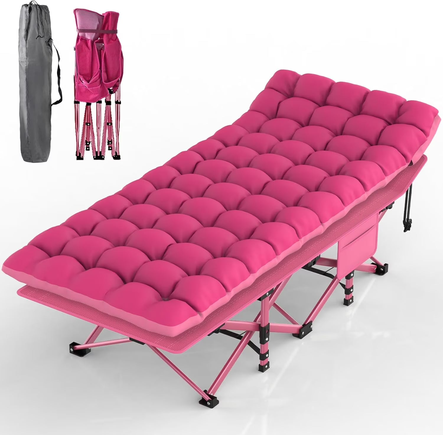 PNKKODW 28" XXL Folding Camping Cot for Adults, Max Load 500lbs Portable Camping Sleeping Cot Bed with Mattress & Carry Bag for Office Home Nap Outdoor Camping Travel, Pink Cot Pink Pad