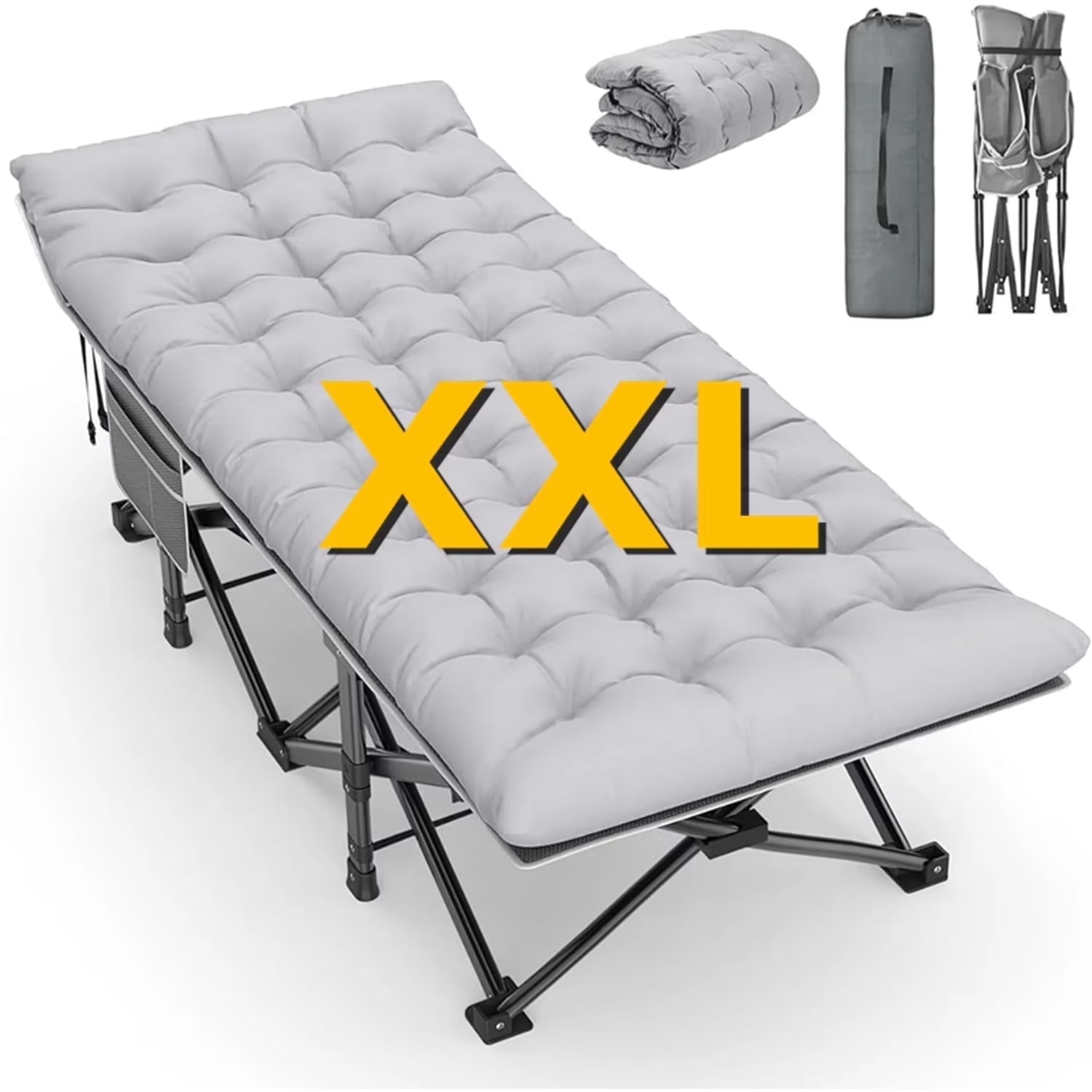 PNKKODW 32" XXL Folding Camping Cot for Adults, Max Load 900lbs Portable Camping Sleeping Cot Bed with Mattress & Carry Bag for Office Home Nap Outdoor Camping Travel, Gray Cot Gray Pad