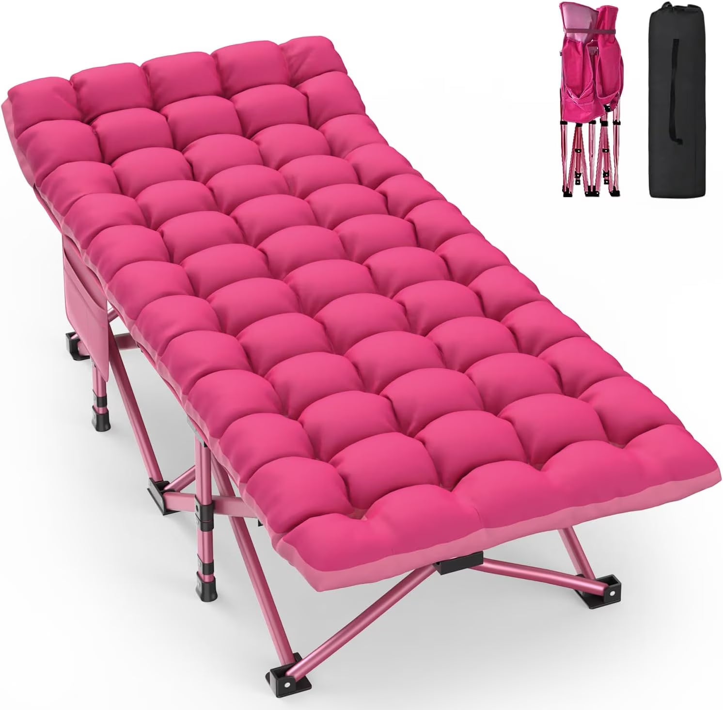 PNKKODW 32" XXL Folding Camping Cot for Adults, Max Load 900lbs Portable Camping Sleeping Cot Bed with Mattress & Carry Bag for Office Home Nap Outdoor Camping Travel, Pink Cot Pink Pad