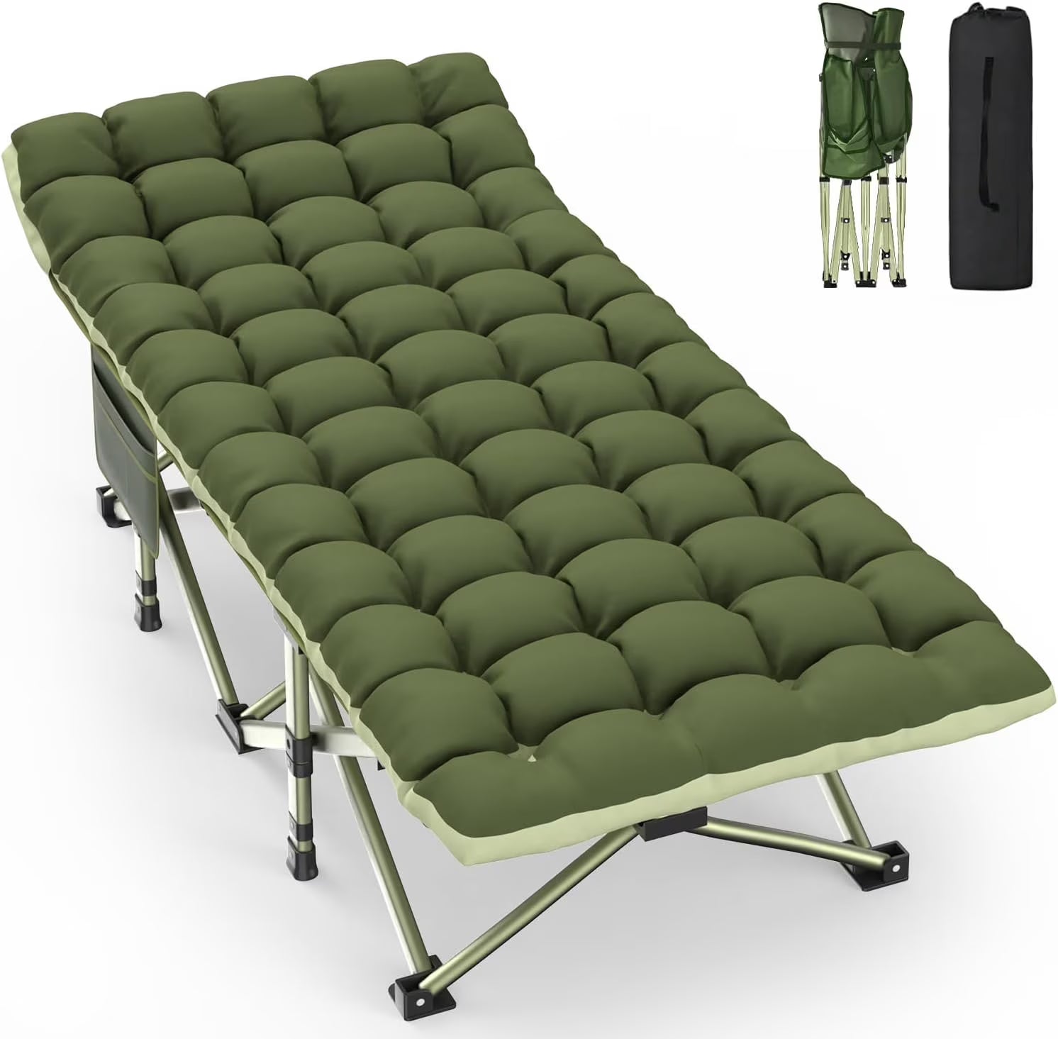 PNKKODW 32" XXL Folding Camping Cot for Adults, Max Load 900lbs Portable Camping Sleeping Cot Bed with Mattress & Carry Bag for Office Home Nap Outdoor Camping Travel, Green Cot Green Pad