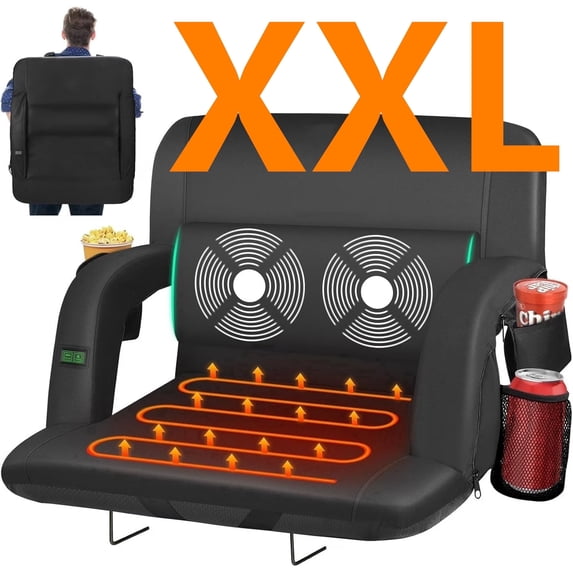 PNKKODW 25IN Heated Massage Stadium Seats for Bleachers with Back Support, Portable Stadium Chair with 6 Reclining Positions, Armrest, for Outdoor（NO BATTERY)
