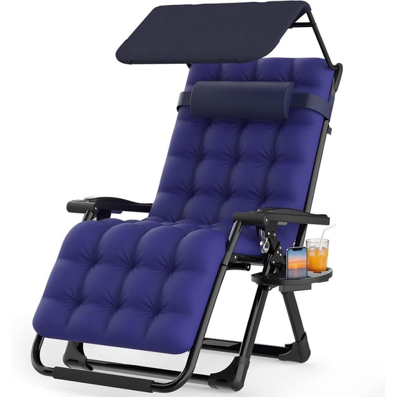 PNKKODW 26in Zero Gravity Chair with Canopy, Oversized Lounge Chair w/Removable Cushion, Folding Patio Recliner for Indoor Outdoor, Blue