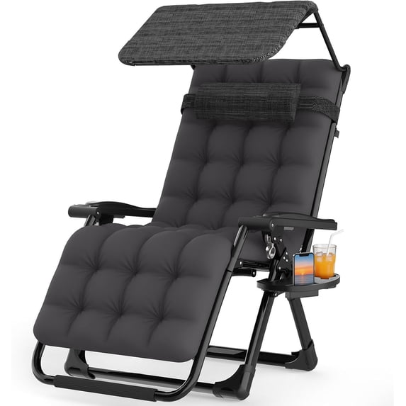 PNKKODW 26in Zero Gravity Chair with Canopy, Oversized Lounge Chair w/Removable Cushion, Folding Patio Recliner for Indoor Outdoor, Fossil Gray