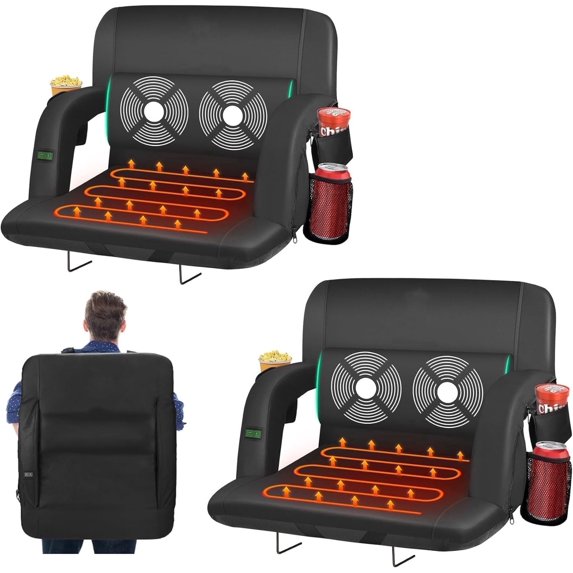 PNKKODW 2PCS 21in Heated Massage Stadium Seats for Bleachers with Back Support, Portable Stadium Chair with 6 Reclining Positions, Armrest, for Outdoor（NO BATTERY)