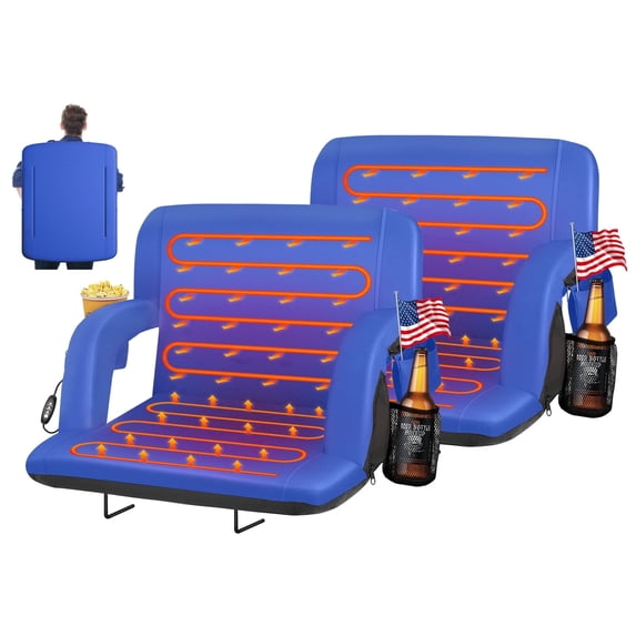 PNKKODW 2PCS 25in Dual-Side Heated Stadium Seats with Back Support, Extra Wide Stadium Chair for Bleachers, USB 3 Levels Heat, 5 Pockets for Outdoor Camping Winter Sports,Blue(No Battery)
