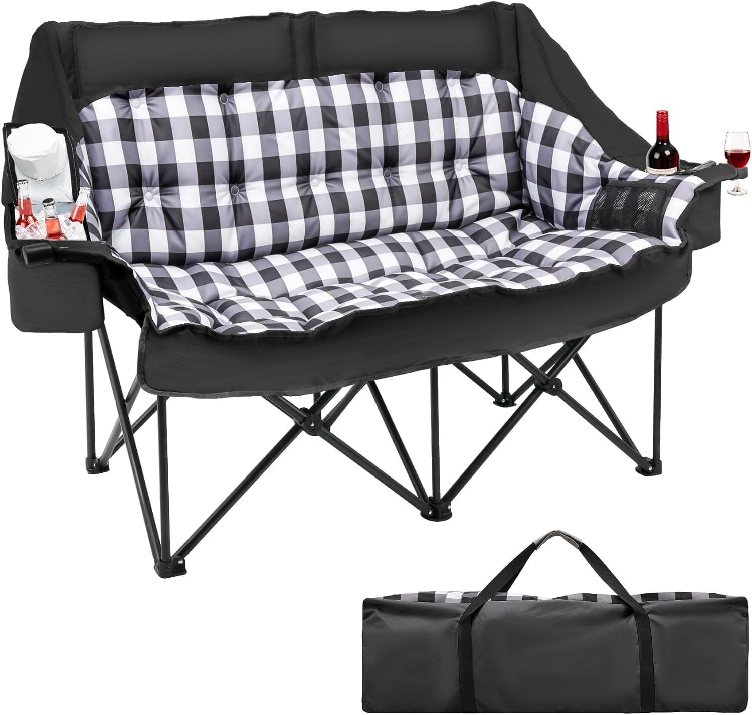 PNKKODW  Double Camping Chair, 1200D Oxford Folding Camping Loveseat w/2 Cup & Wine Glass Holders, Cooler Bags & Side Pocket for Camping, Lawn, Patio, Black