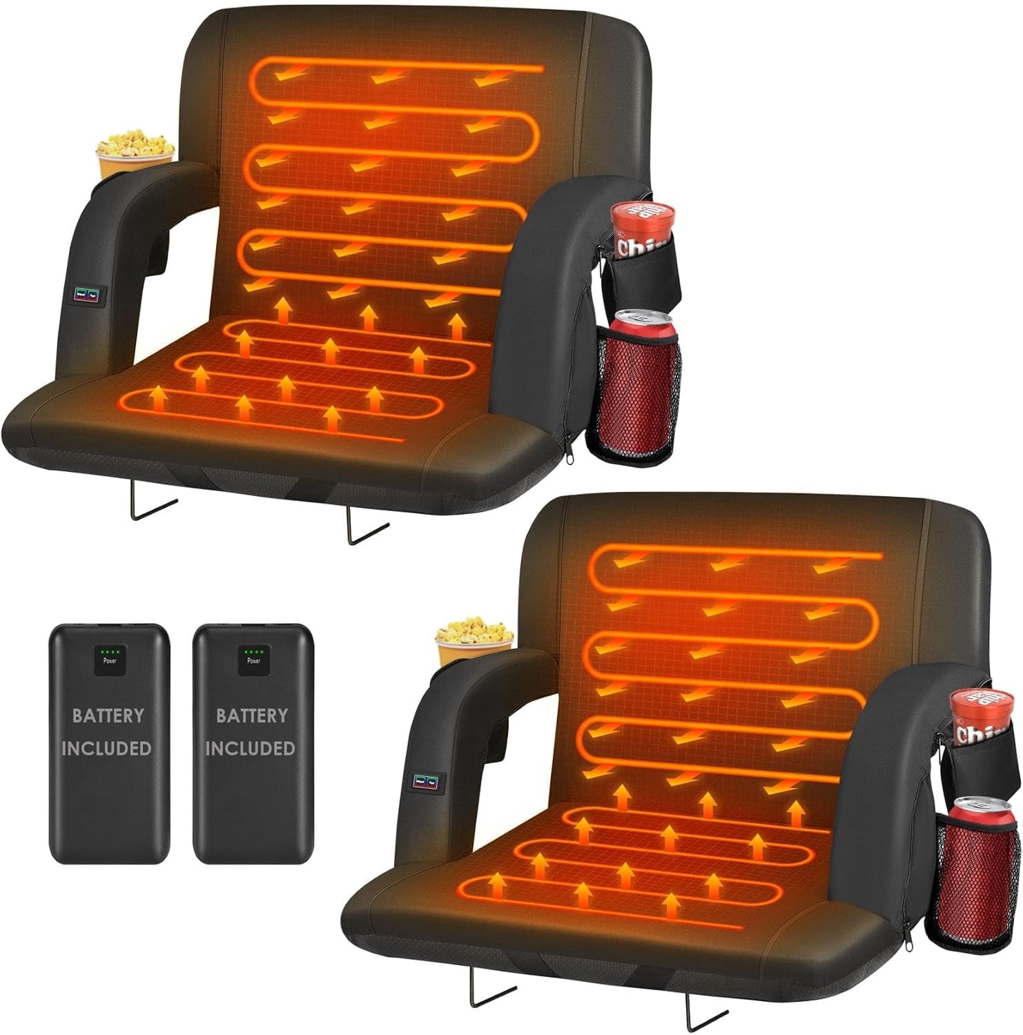 PNKKODW 2PCS 25" Dual-Sided Heated Stadium Seats for Bleachers with Back Support, 3 Levels Heating Stadium Bleachers Seat with Backrest, Portable Stadium Chair (20000mAh Power Bank)