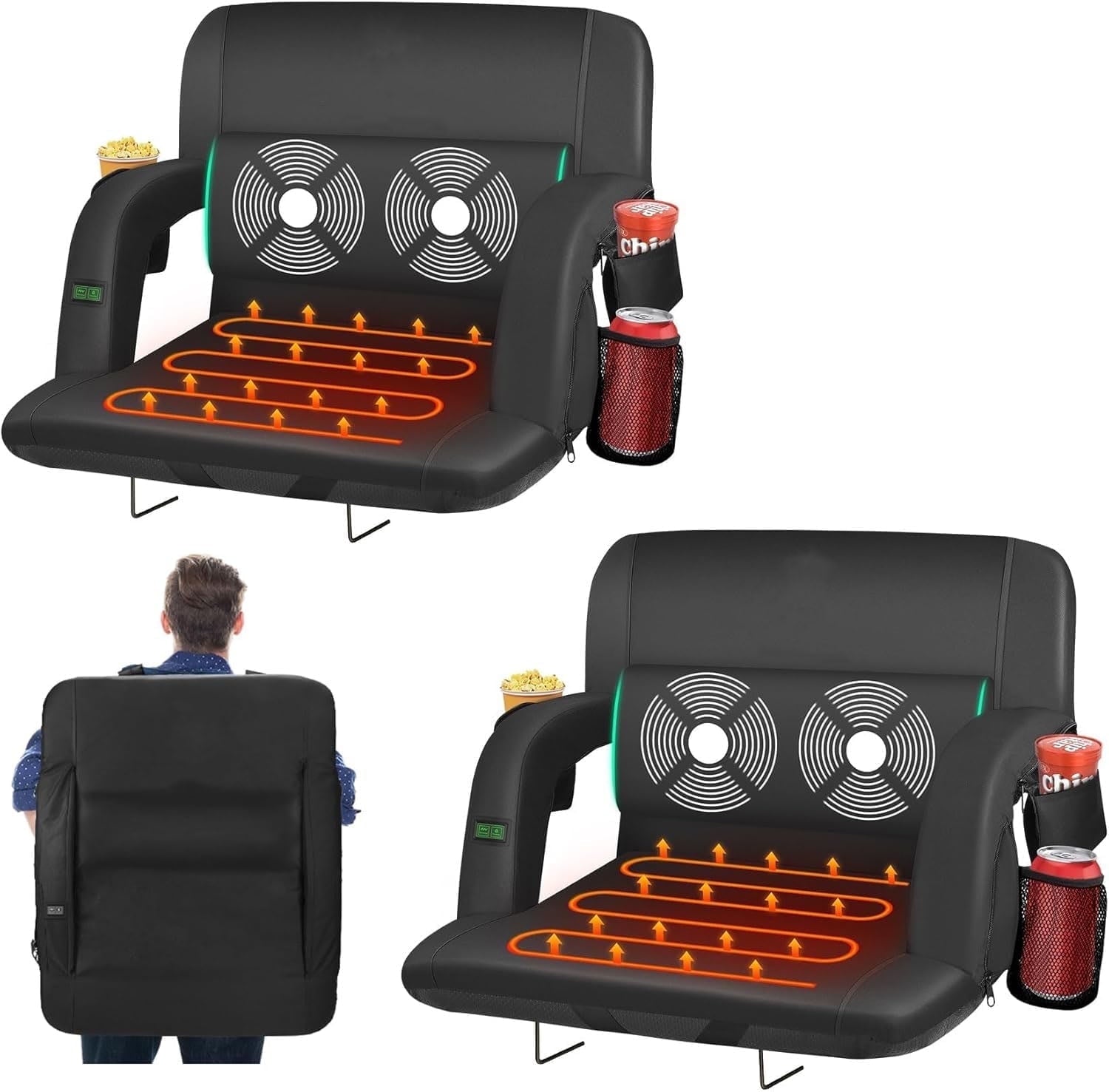 PNKKODW 2PCS 21" Heated Massage Stadium Seats for Bleachers with Back Support, Portable Stadium Chair with 6 Reclining Positions, Armrest, for Outdoor£¨NO BATTERY)