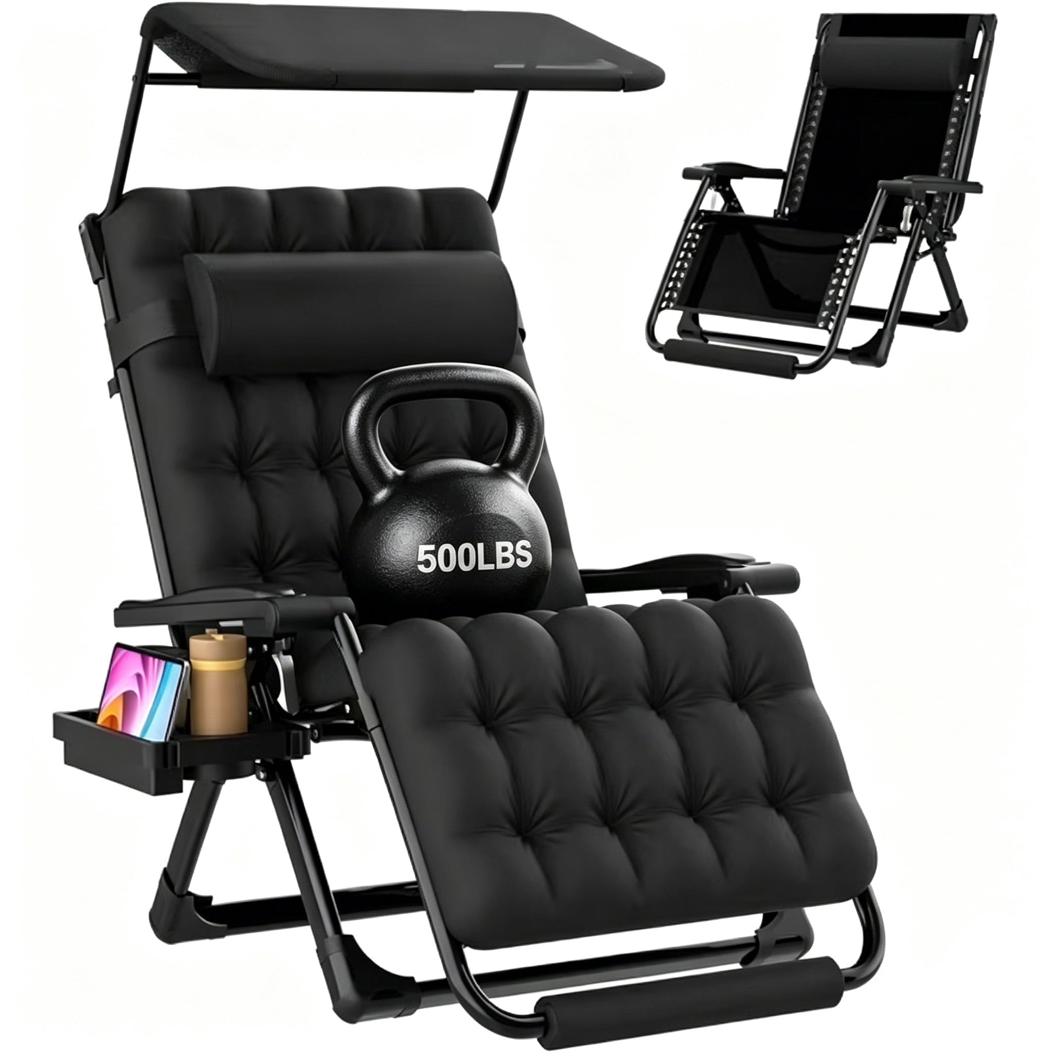 PNKKODW Folding 33In Xxl Zero Gravity Chair with Canopy, Oversized Lounge Chair w/Removable Cushion, Patio Recliner for Indoor Outdoor, Black
