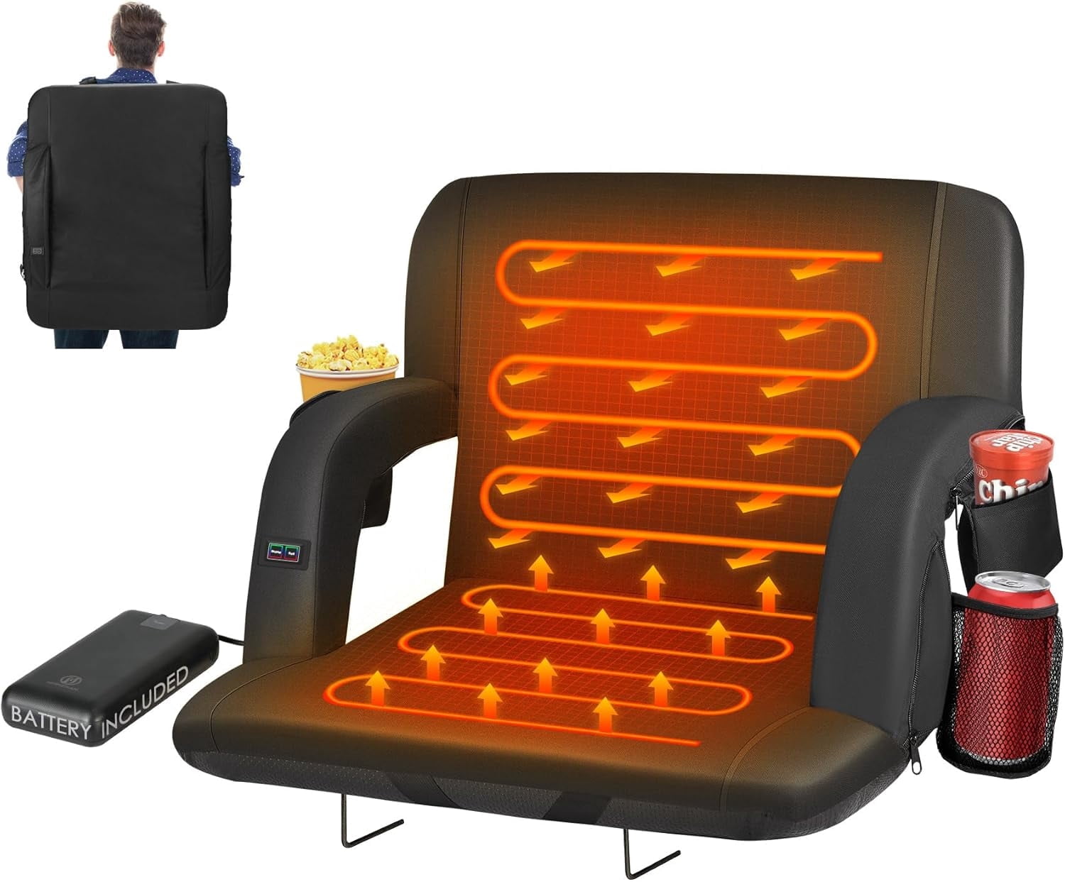 PNKKODW 25" Dual-Sided Heated Stadium Seats for Bleachers with Back Support, 3 Levels Heating Stadium Bleachers Seat with Backrest, Portable Stadium Chair (20000mAh Power Bank)