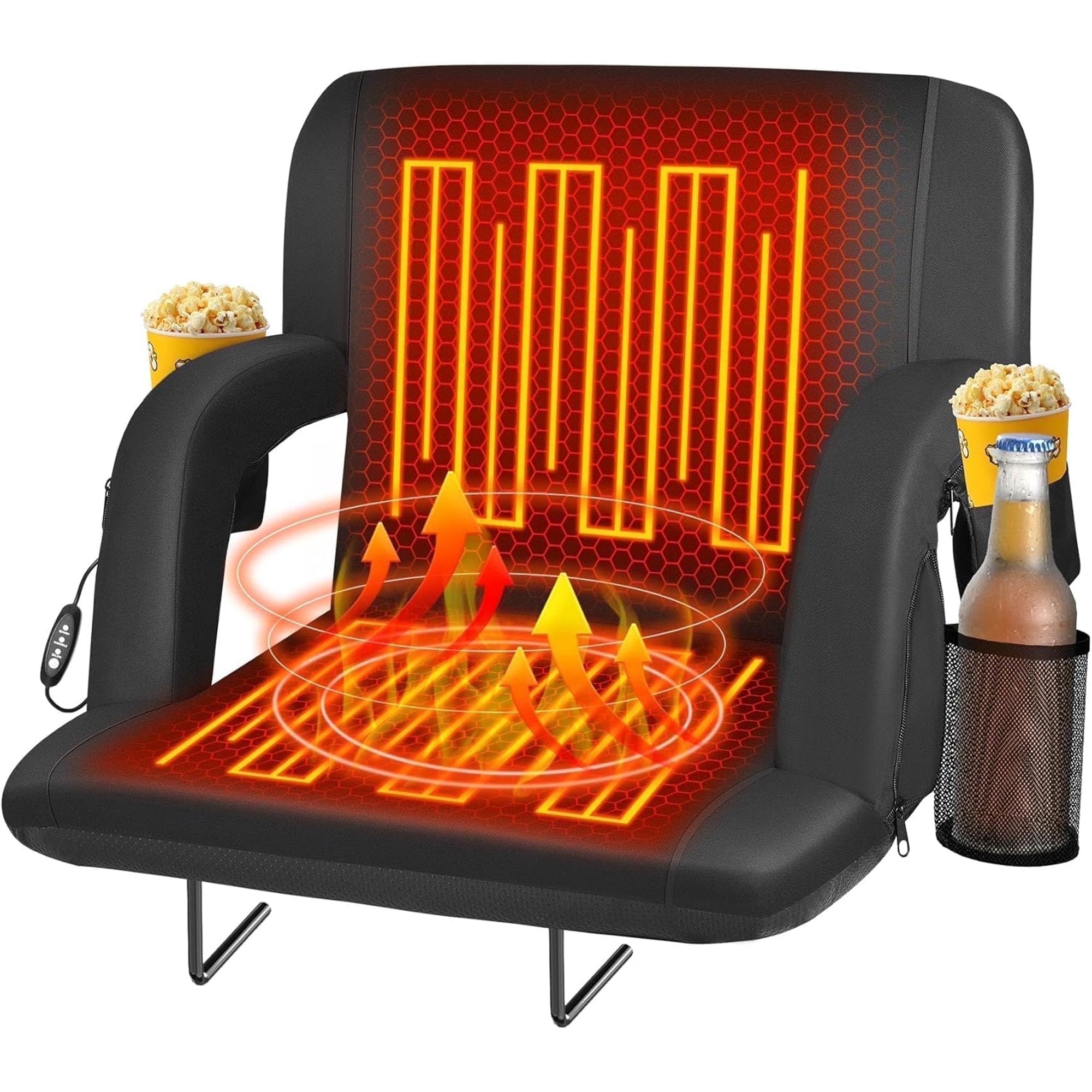 PNKKODW 21" Heated Stadium Seat for Bleachers with back support, wide cushion, USB 3-heat, 5 pockets, foldable, portable for camping, games, sports(No Battery)