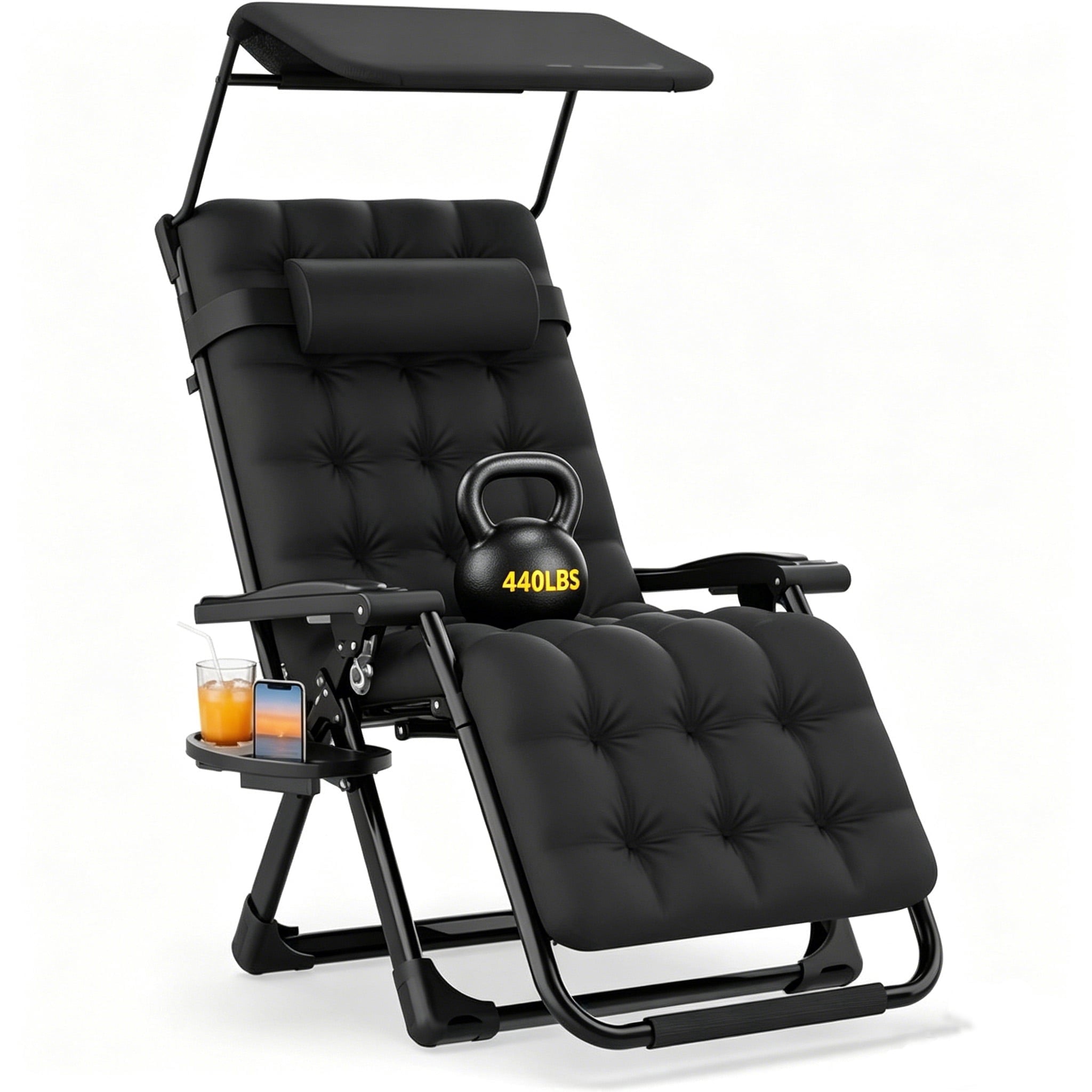 PNKKODW 26in Zero Gravity Chair with Canopy, Oversized Lounge Chair w/Removable Cushion, Folding Patio Recliner for Indoor Outdoor, Black