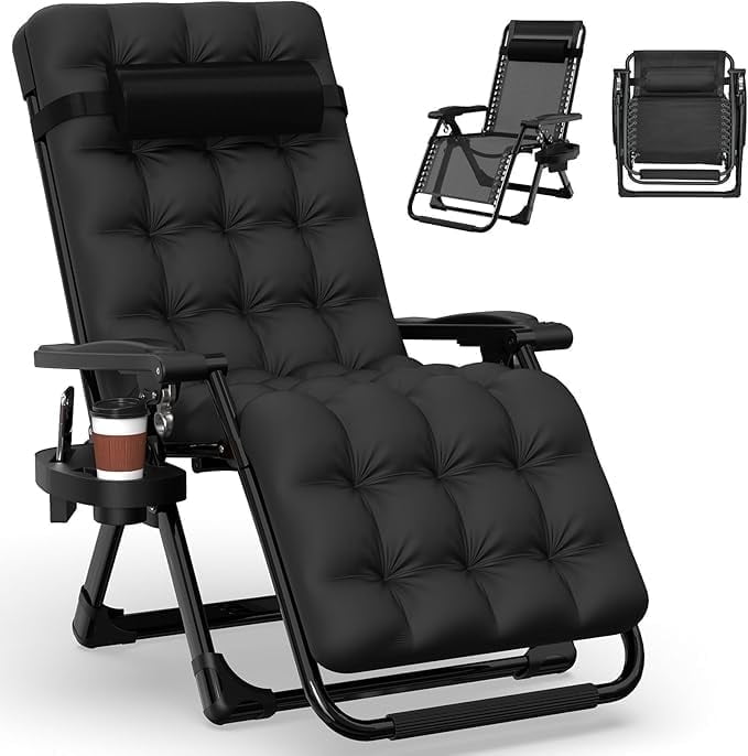 PNKKODW Zero Gravity Chair w/Removable Cushion & Cup Holder, Adjustable Lawn Recliner, 440lbs Capacity Black
