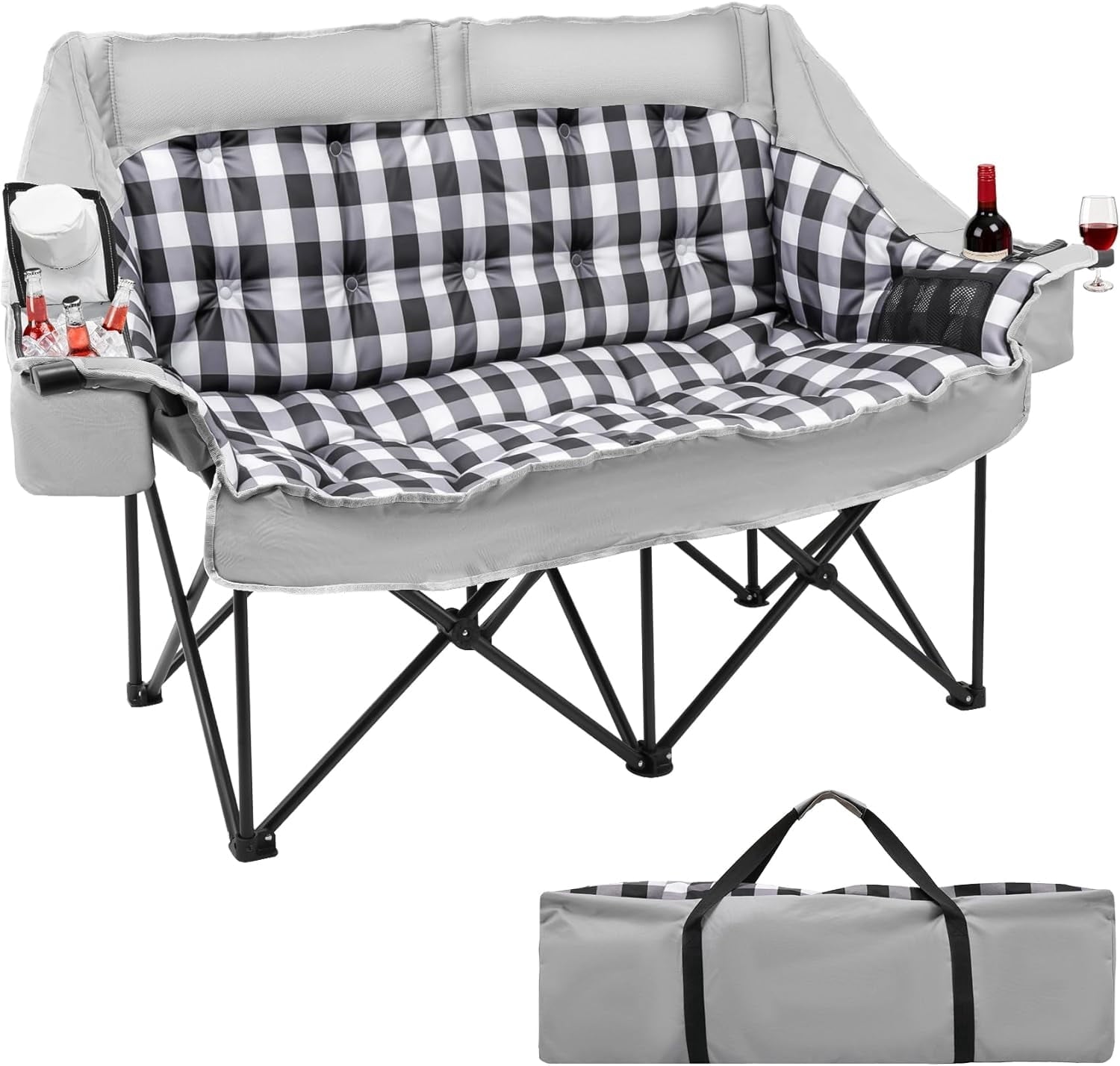 PNKKODW  Double Camping Chair, 1200D Oxford Folding Camping Loveseat w/2 Cup & Wine Glass Holders, Cooler Bags & Side Pocket for Camping, Lawn, Patio, Gray