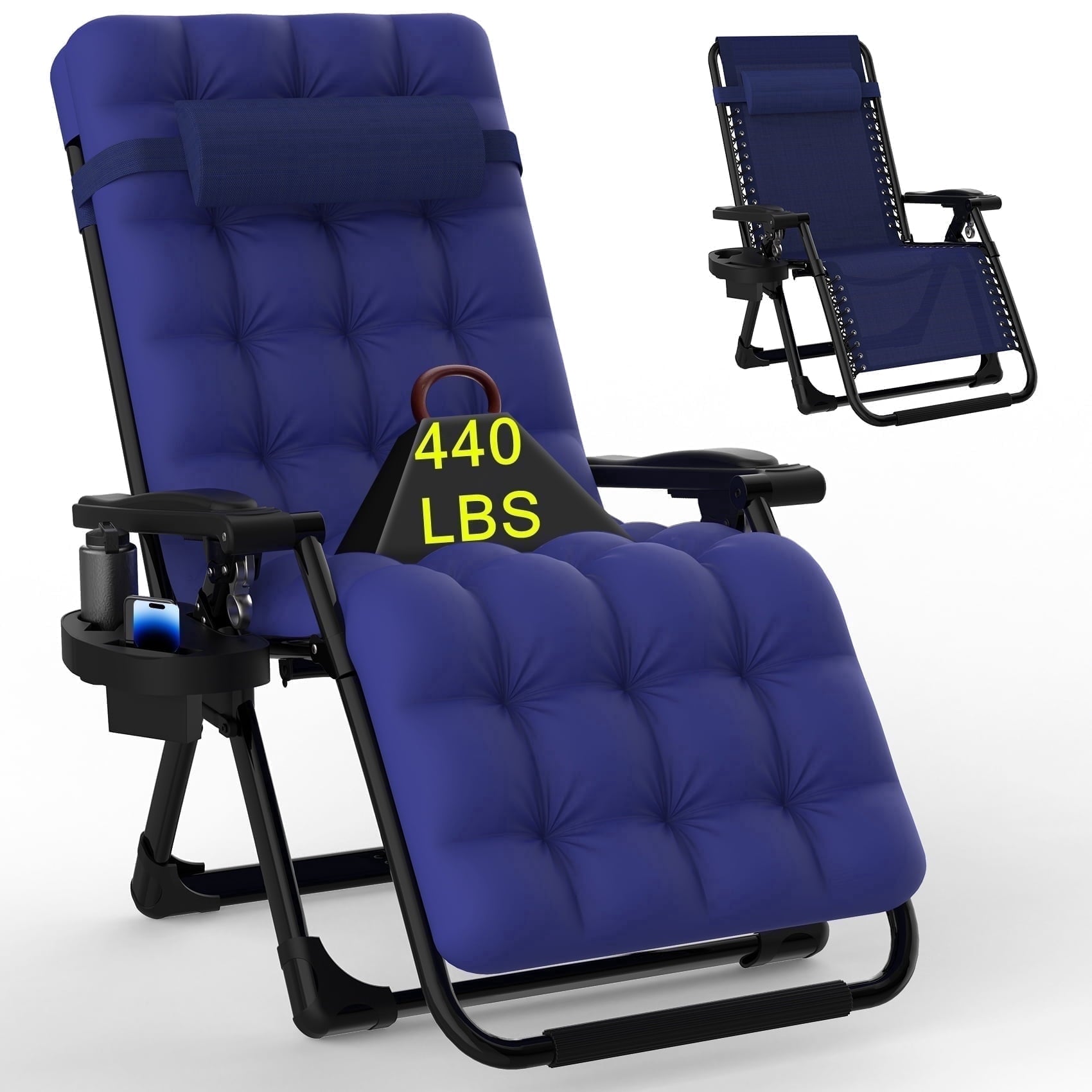 PNKKODW Zero Gravity Chair with Upgraded Alloy Steel Lock Removable Cushion Cup Holder, 440lbs Capcity Folding Patio Recline Lawn Chair for Indoor/Outdoor Use, Royal Blue